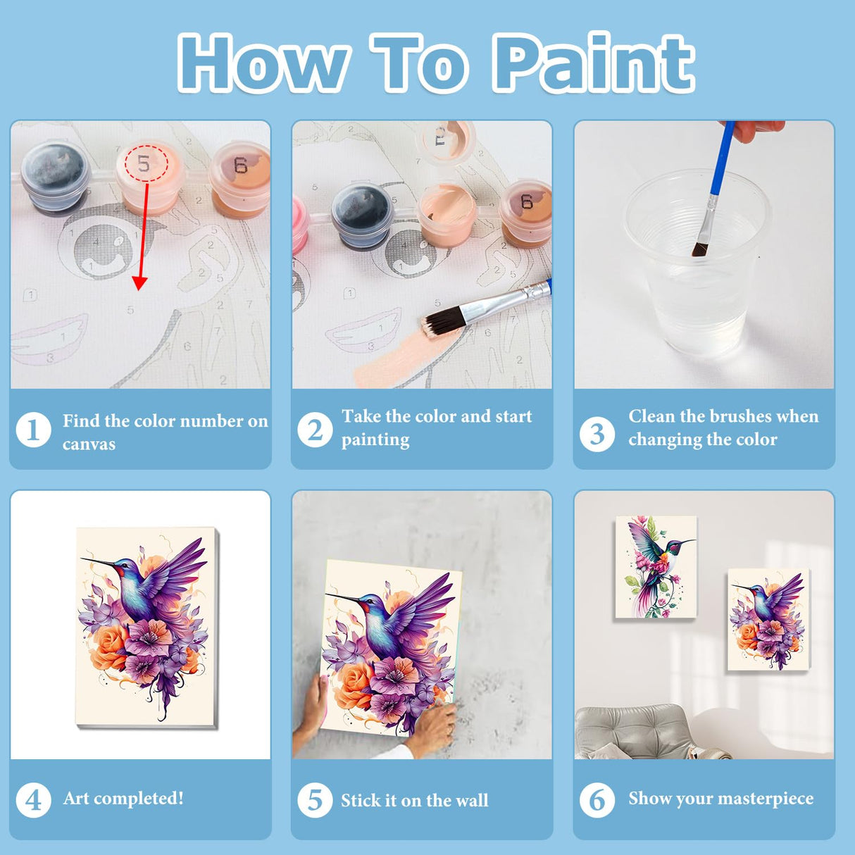 2 Pack Hummingbird Paint by Numbers with Frame, Hummingbird Paint by Numbers for Adults with Easel, DIY Crafts Painting by Number for Gift Home Wall Decor 8x12inch hkejoi