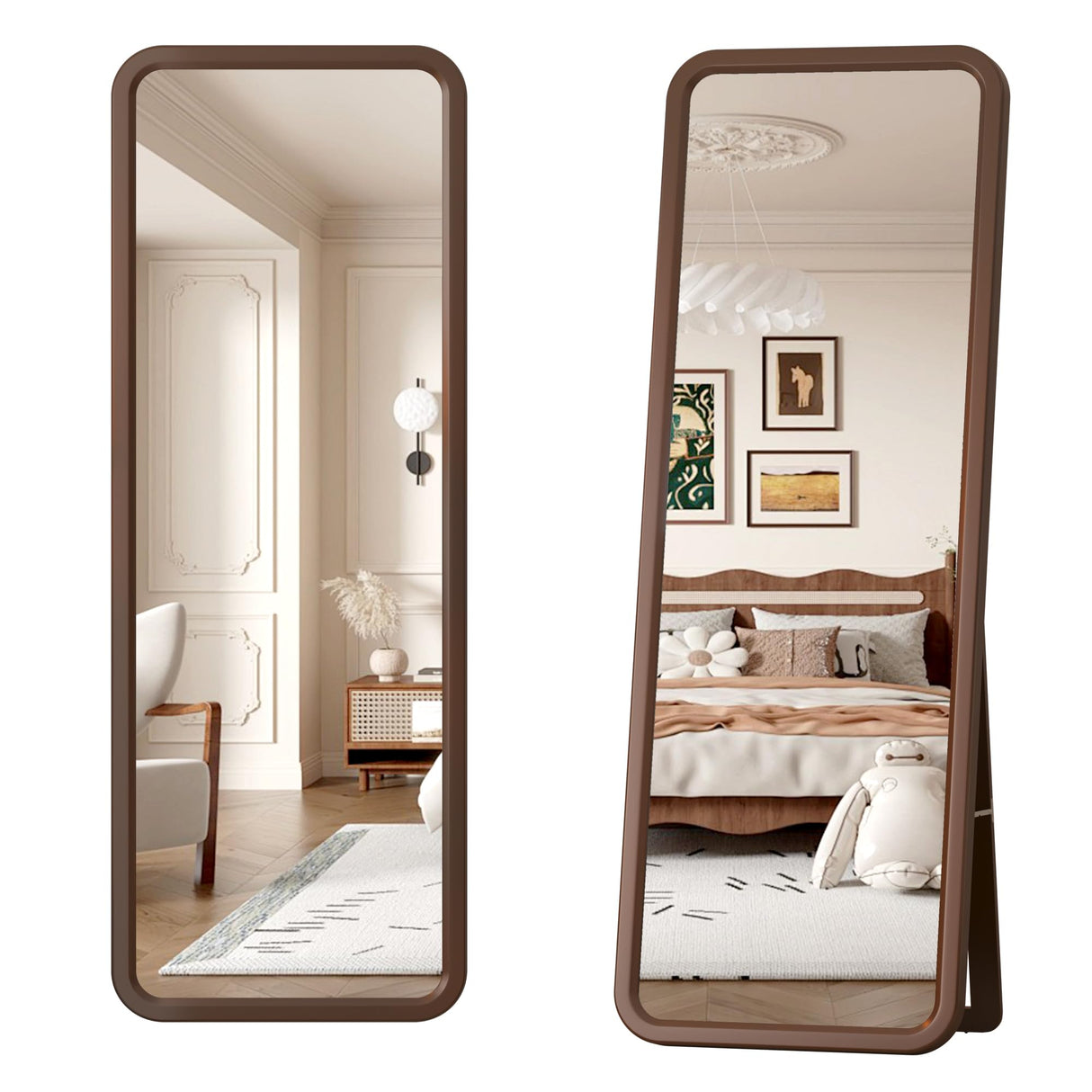 LVSOMT 63"×22" Solid Wooden Full Length Mirror, Wood Full Body Mirror, Large Standing Floor Mirror, Stand-up or Wall-Mounted, Dressing Mirror for Bedroom, Rustic Mirror, Walnut LVSOMT