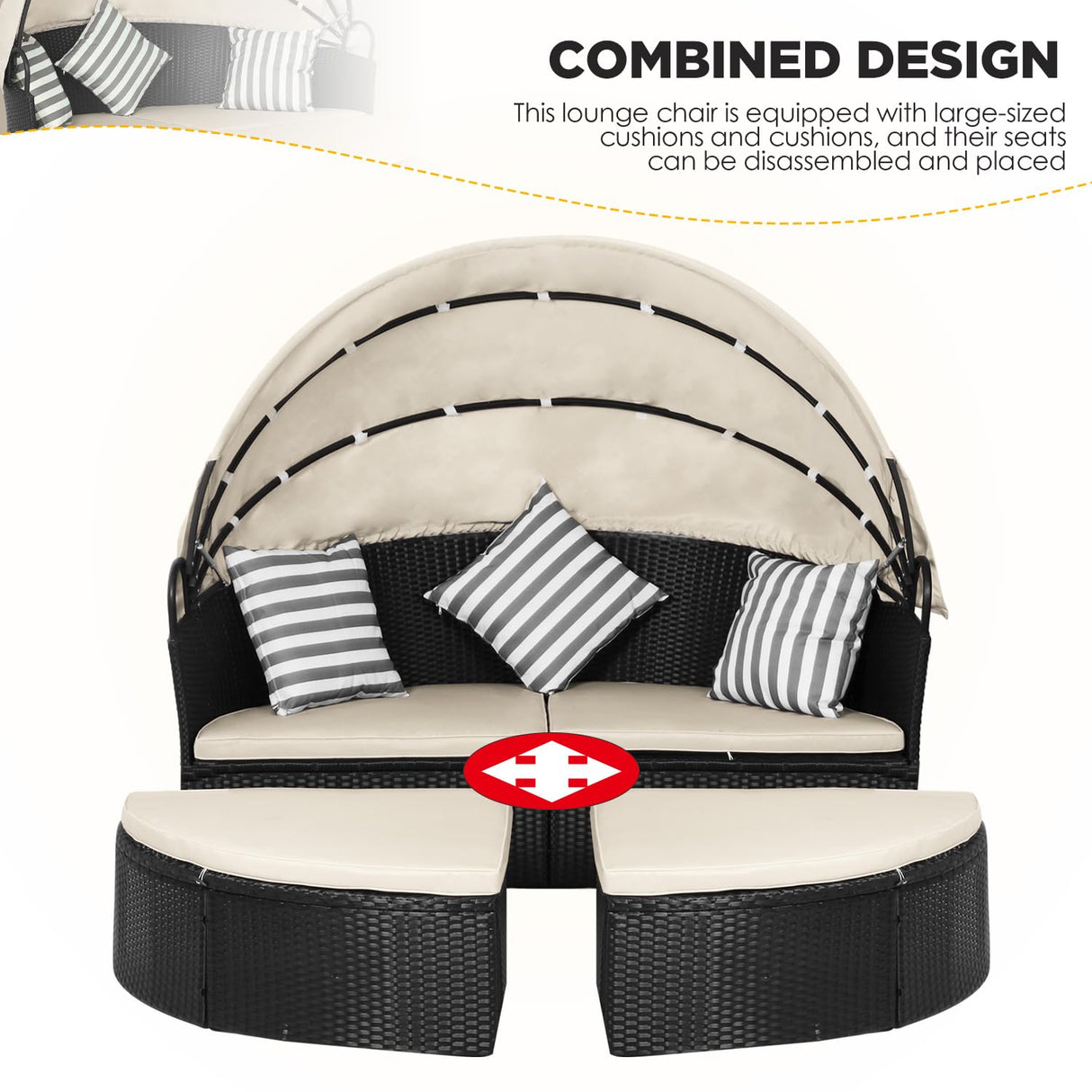 Outdoor Round Daybed Patio Bed Wicker Patio Furniture Outdoor Day Bed with Retractable Canopy Rattan Separated Seating Khaki Washable Cushioned and Three Pillow for Patio Backyard Porch Pool PayLessHere