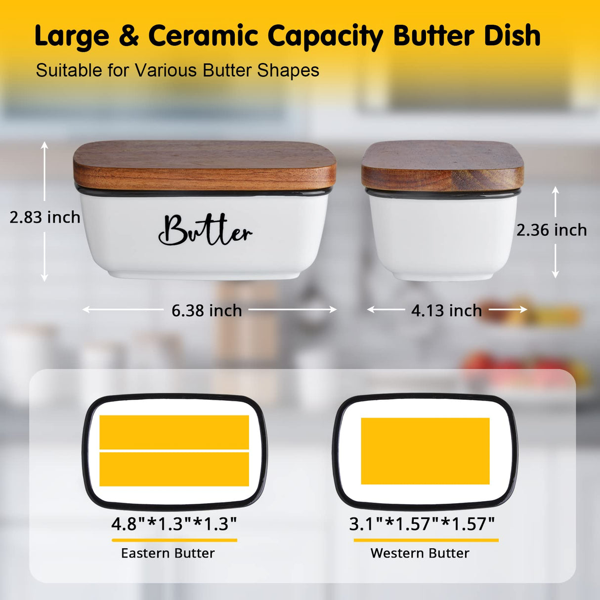 Butter Dish with Lid, ALELION Large Ceramic Butter Dish for Countertop, Butter Keeper with Thick Acacia Wood Lid, Kitchen Decor and Accessories for Kitchen Gifts, White ALELION