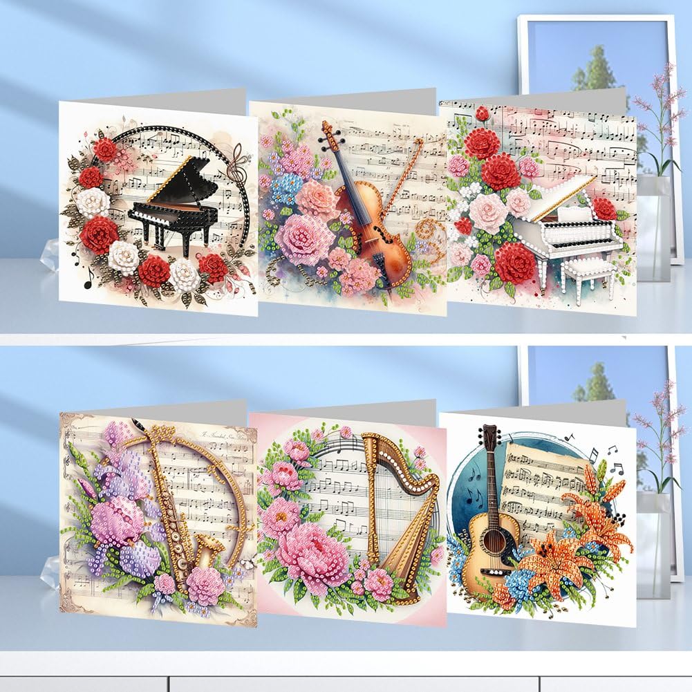 pigpigboss 6 Packs Music Diamond Painting Greeting Card Kit, Special Shaped Flower Piano Violin Guitar Diamond Art Birthday Cards with Envelope for Music Lover Holiday Blessing pigpigboss