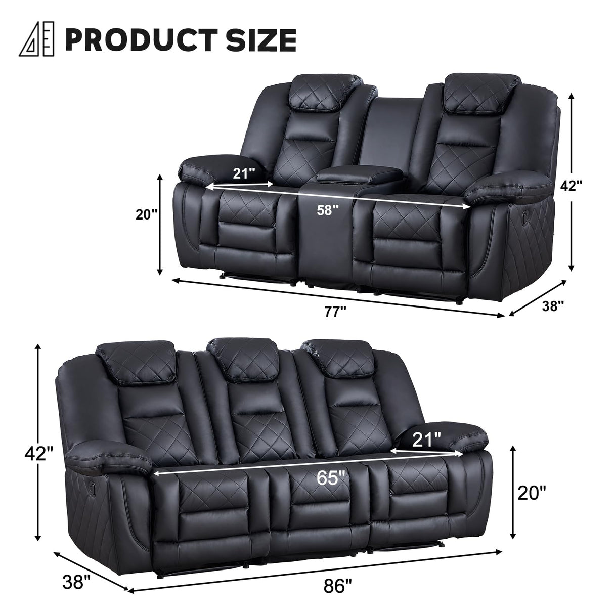 EBELLO Manual Recliner Sofa Set, Faux Leather Reclining Living Room Furniture Set, Included Single Chair and 3 Seat Manual Recliner Sofa, Black(Loveseat+Sofa) EBELLO