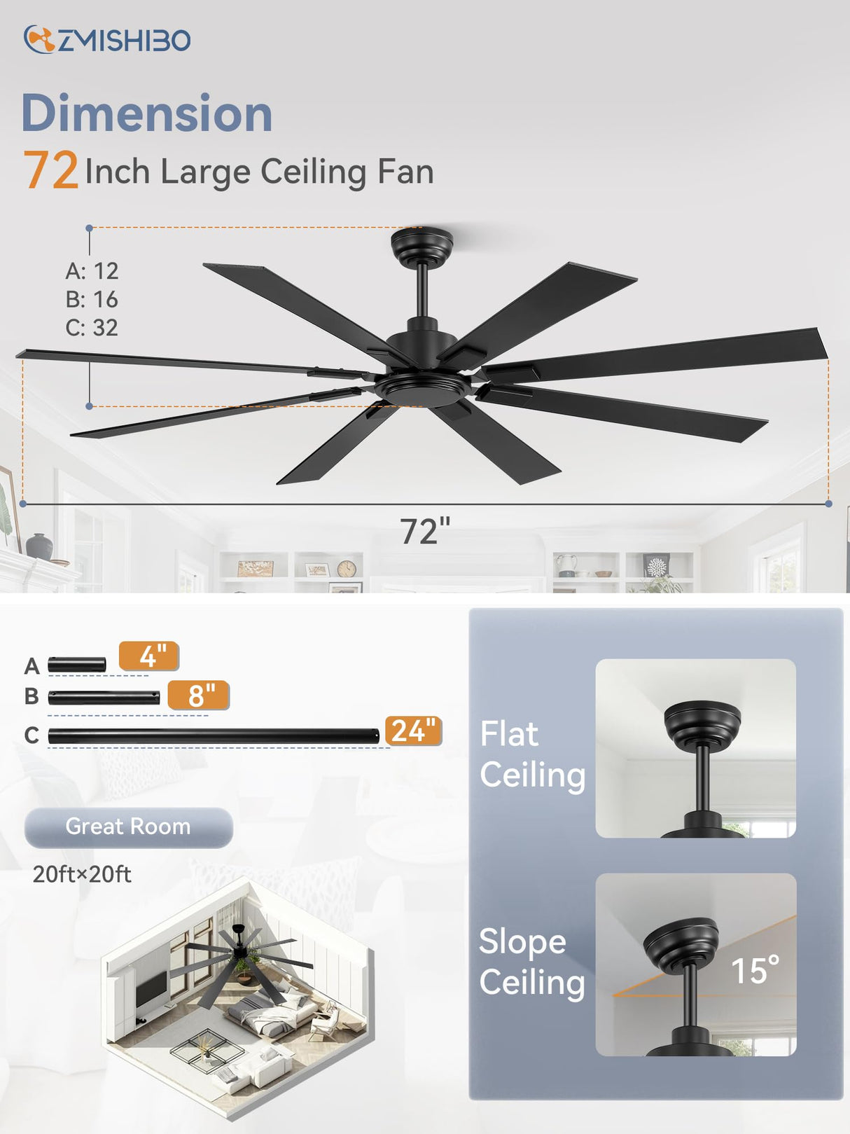 ZMISHIBO 72 Inch Ceiling Fan No Light with Remote Control, 8 Blades Quiet DC Reversible Motor, 6-Speed, Timer, Black Finish, Indoor Outdoor Ceiling Fans for Patios, Living Room, Garage ZMISHIBO