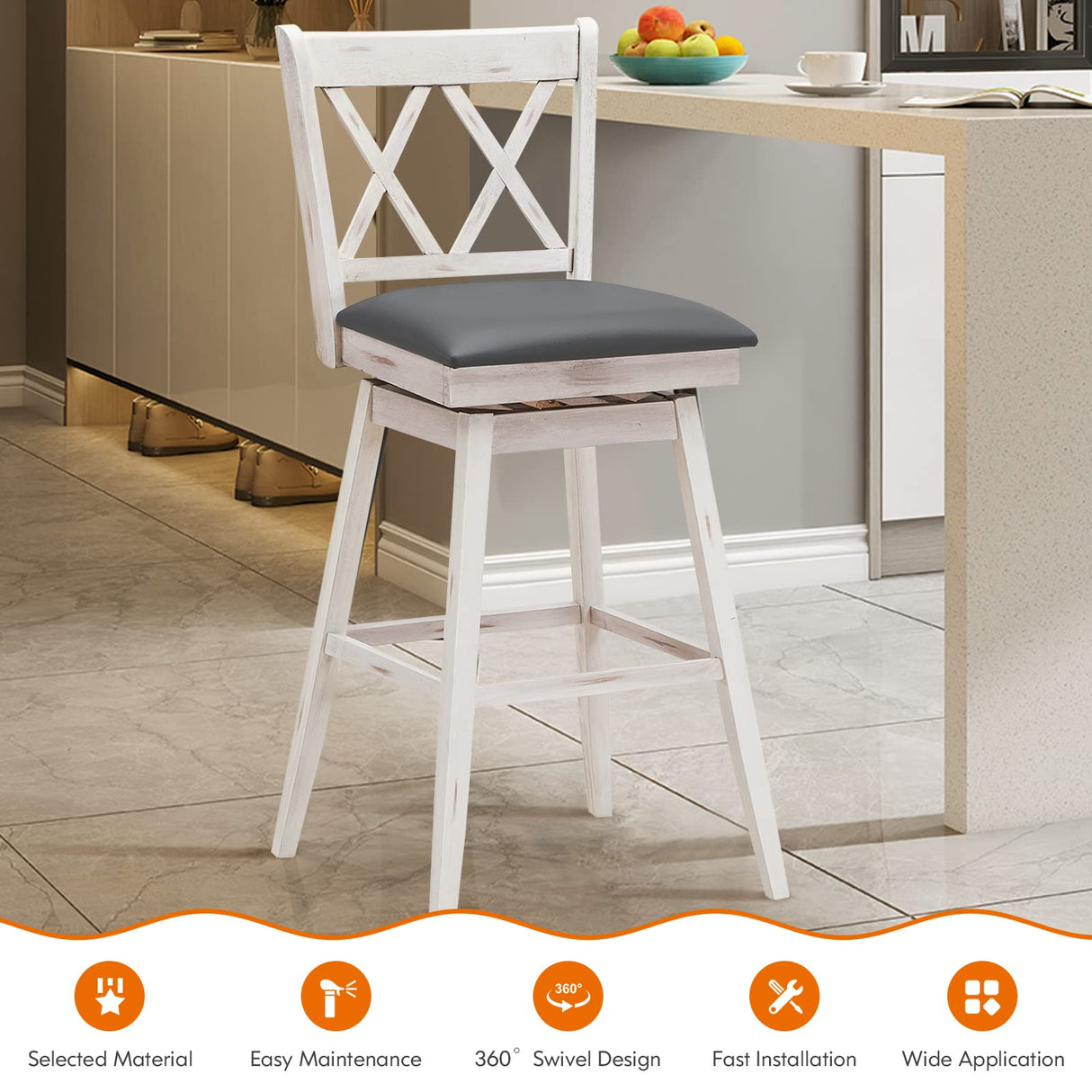 COSTWAY Bar Stool Set of 2, 360° Swivel Bar Height 29.5 inch Bar Stool with Foot Rest Upholstered Cushion & Ergonomic Backrest, Sturdy Frame, for Pub, Restaurant, Home (2, Antique White+ Grey) COSTWAY