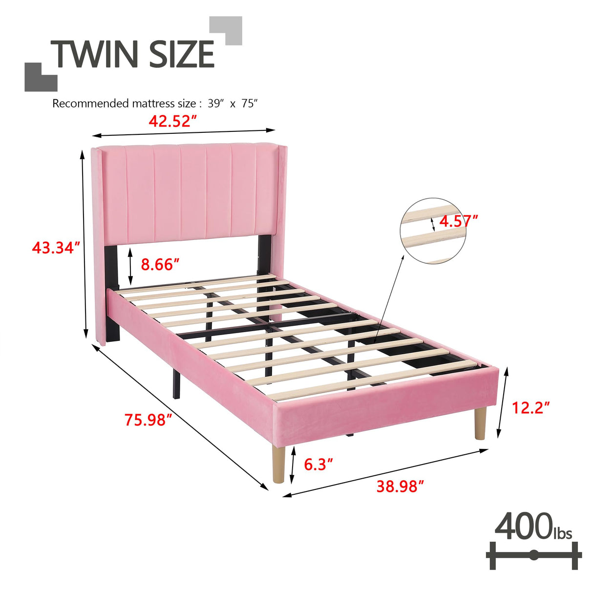 Zoophyter Upholstered Platform Bed Frame Twin Size with Headboard,Mattress Foundation/Strong Wooden Slats Support/No Box Spring Needed/Easy Assembly Pink Zoophyter