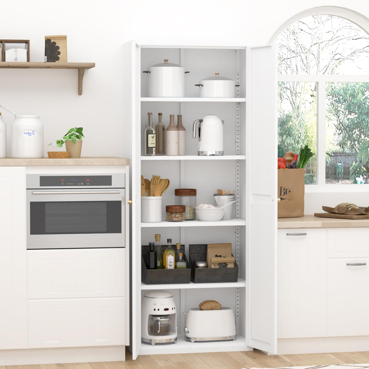 GREATMEET 71" Kitchen Pantry Storage Cabinet, Tall Storage Cabinet, Metal Food Pantry Cabinet with Doors and Shelves, Pantry Storage Cabinets, Cupboard for Garage Kitchen Laundry Room, White GREATMEET