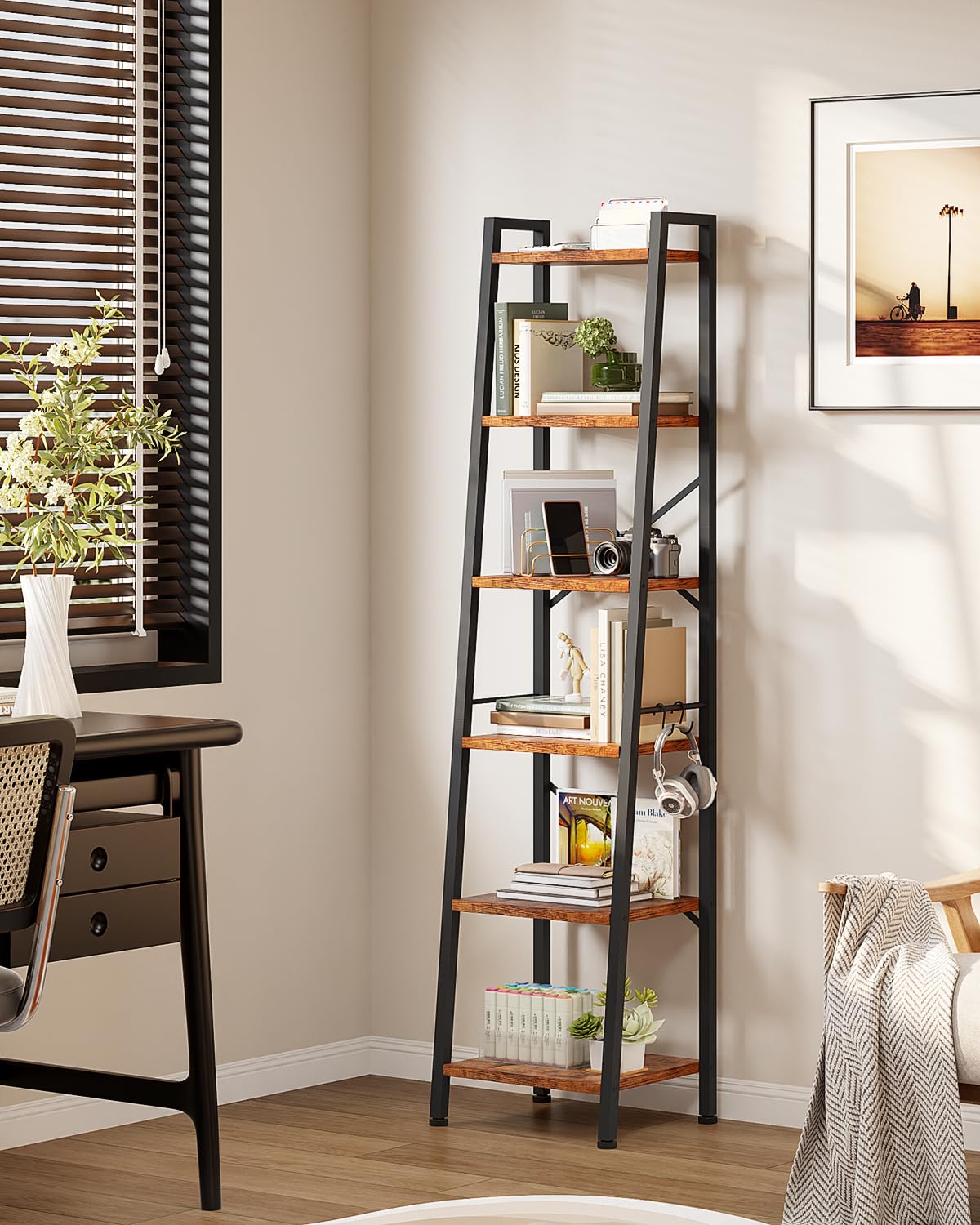 Furologee 6 Tier Ladder Shelf,Tall Bookshelf with 2 Hooks,Industrial Bookcase Standing Shelf Unts,Corner Storage Organizer for Living Room,Bedroom,Home Office,Bathroom,Rustic Brown Furologee