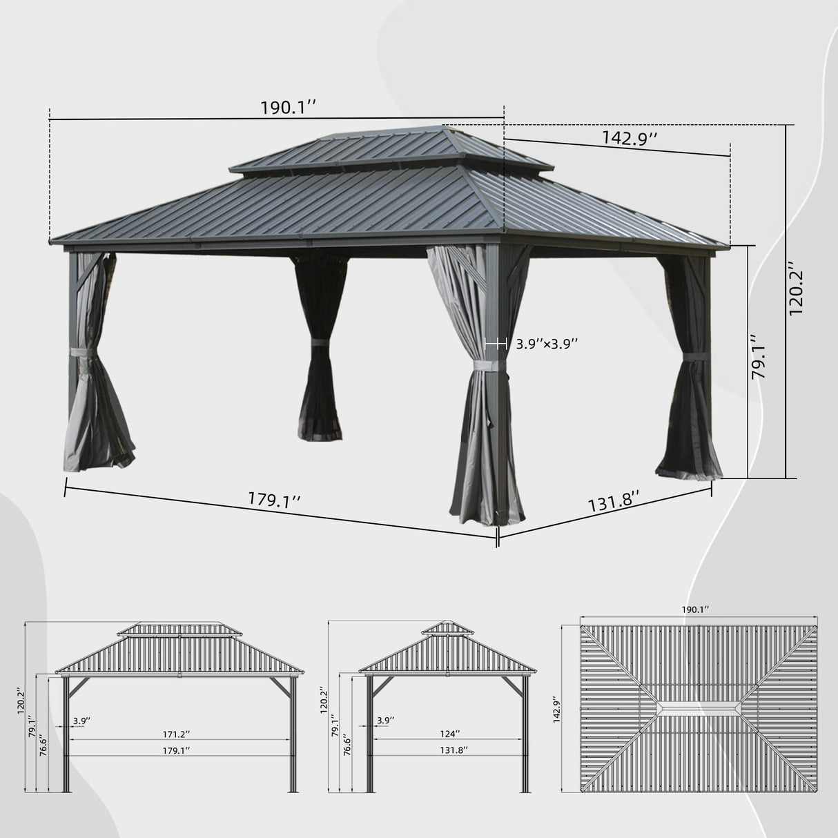 Domi 12’ x 16’ Hardtop Gazebo, Outdoor Aluminum Frame Canopy with Galvanized Steel Double Roof, Outdoor Permanent Metal Pavilion with Curtains and Netting for Patio, Backyard and Lawn, Grey domi outdoor living