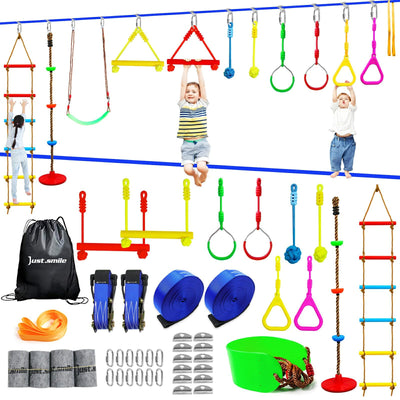 Ninja Slackline Ninja Warrior Obstacle Course for Kids-2x52ft with Swing, Rope Ladder,Climbing Bar,Ring,Outdoor Ninja Course Training Equipment Set for Backyard