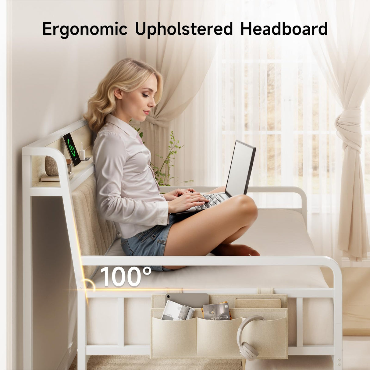 ONBRILL Twin Daybed with Trundle, Metal Day Bed Frame with Ergonomic Upholstered Headboard & Charging Station, Sofa Bed with Twin Trundle for Living Room, Bedroom, playroom, and Guest Room, White ONBRILL