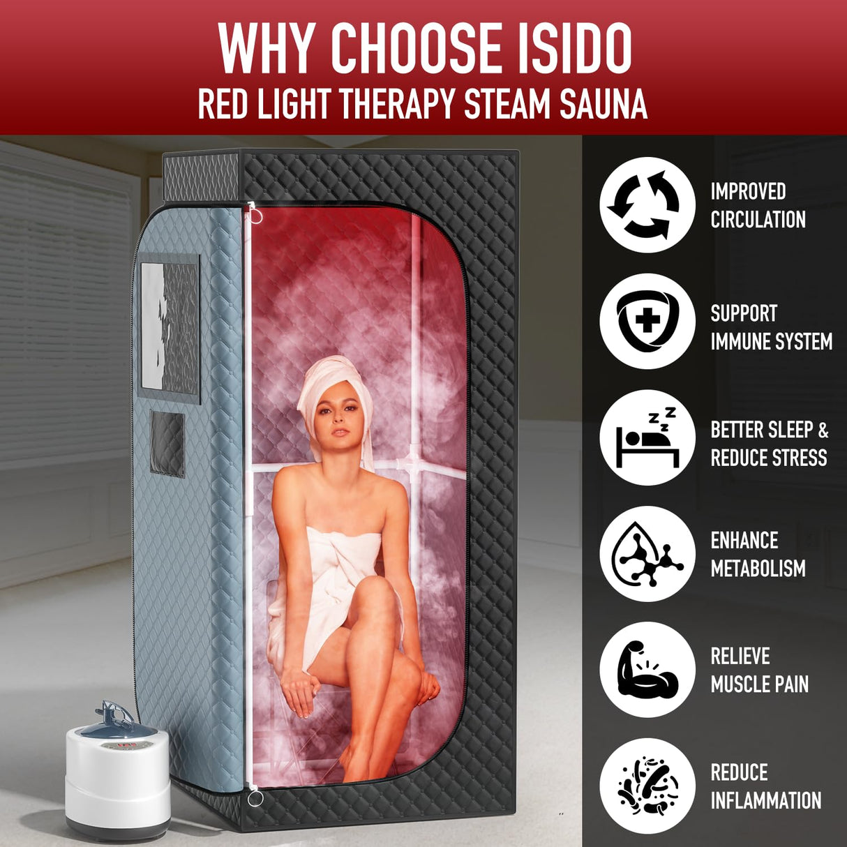 ISIDO Portable Infrared Steam Sauna with 660nm Red Light Therapy Lamp & 3.0L 1400W Steamer, Remote Control - Sauna Tent Sauna Box for Body Recovery & Skin Care Pain Relief - Personal Sauna for Home ISIDO