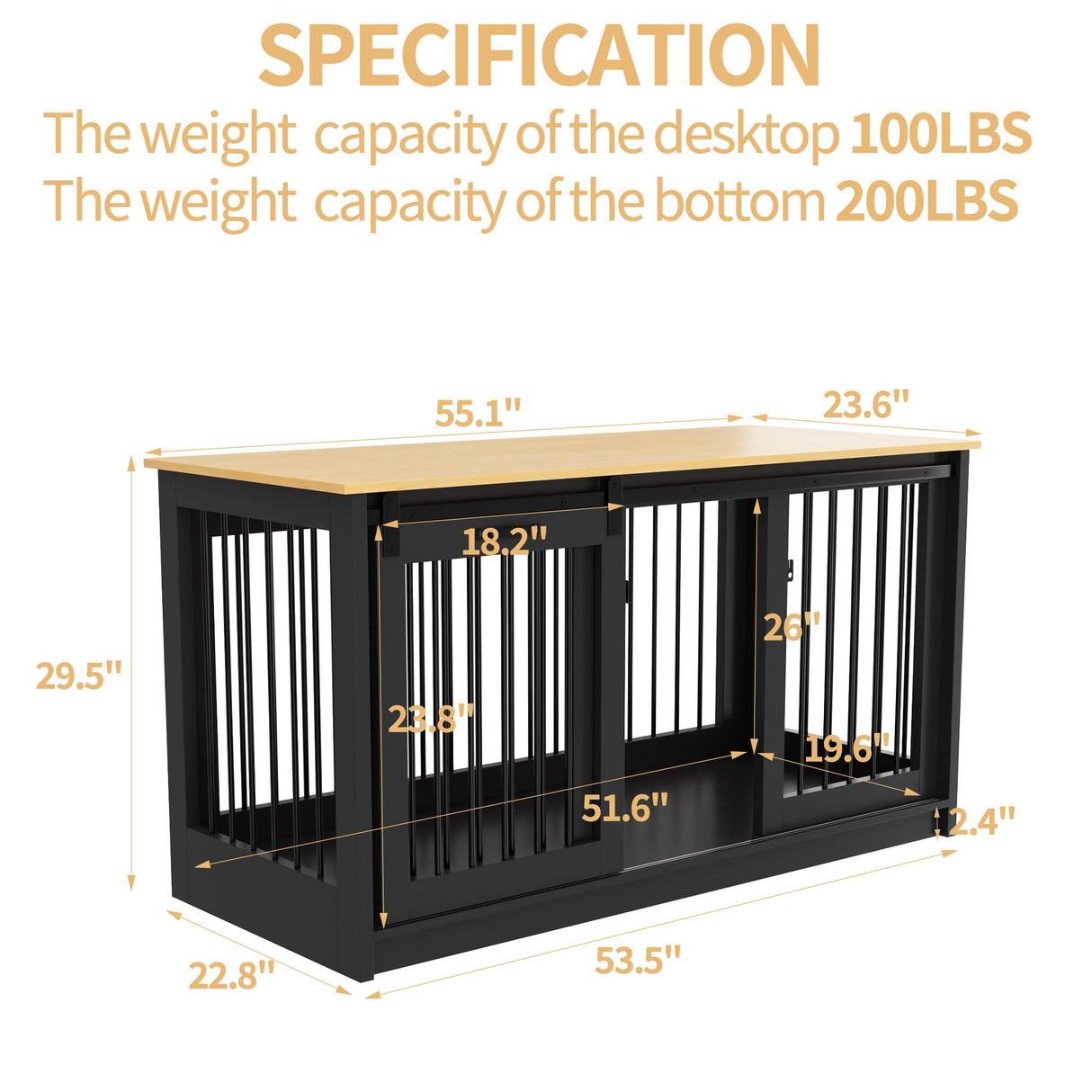 DAWNSPACES Extra Large Dog Crate Furniture, 55" Indoor Heavy Duty Dog Kennel House with Sliding Doors, Furniture Style Dog Crate Table Side End Table TV Stand for XL Large Medium Breed Dogs, Black DAWNSPACES