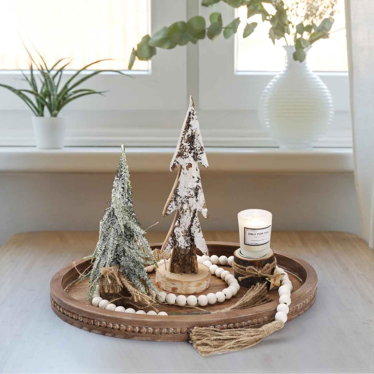 Oval Tray for Coffee Table - 16×11.8in Decorative Trays for Home Decor/w 58in Wood Bead Garland, Coffee Table Trays for Living Room and Kitchen Relaxing Garden