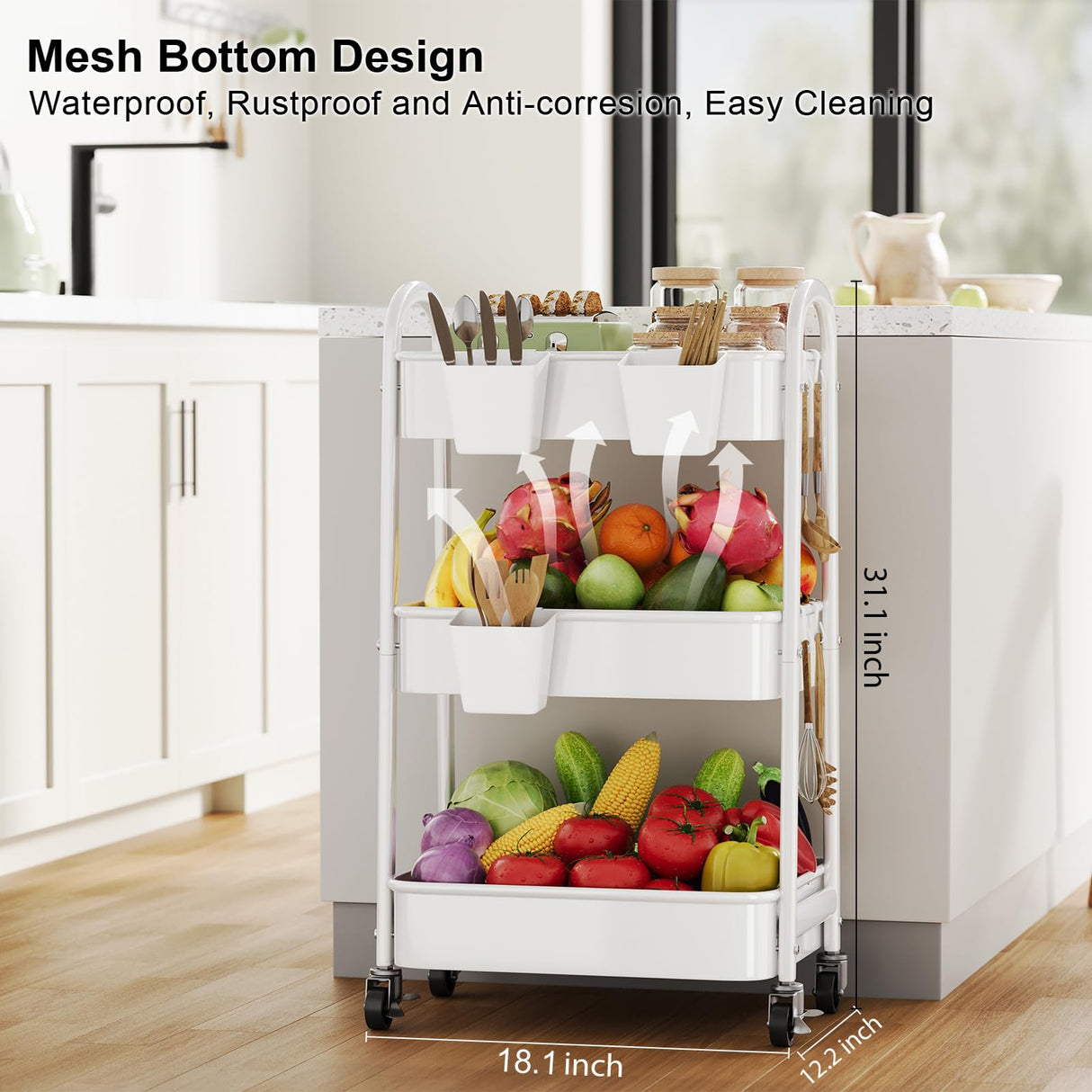 3 Tier Rolling Cart Metal with Wheels, Heavy Duty White Three Tiered Craft Cart Organizer on Wheels, Utility Roller Storage Carts for Art, Baby Nursery, Diaper Caddy, Snack,Book,Nail,Cleaning Supplies Osivaex