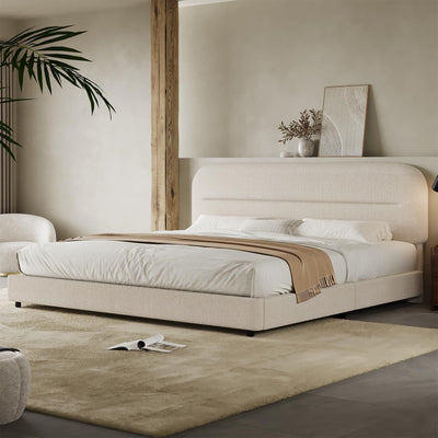 King Size Boucle Bed Frame, Upholstered Cloud Bed Frame with Headboard, Soft Platform Bed Frame with Thickened Footboard, Rounded Corners, No Box Spring Required, Easy Assembly, Cream