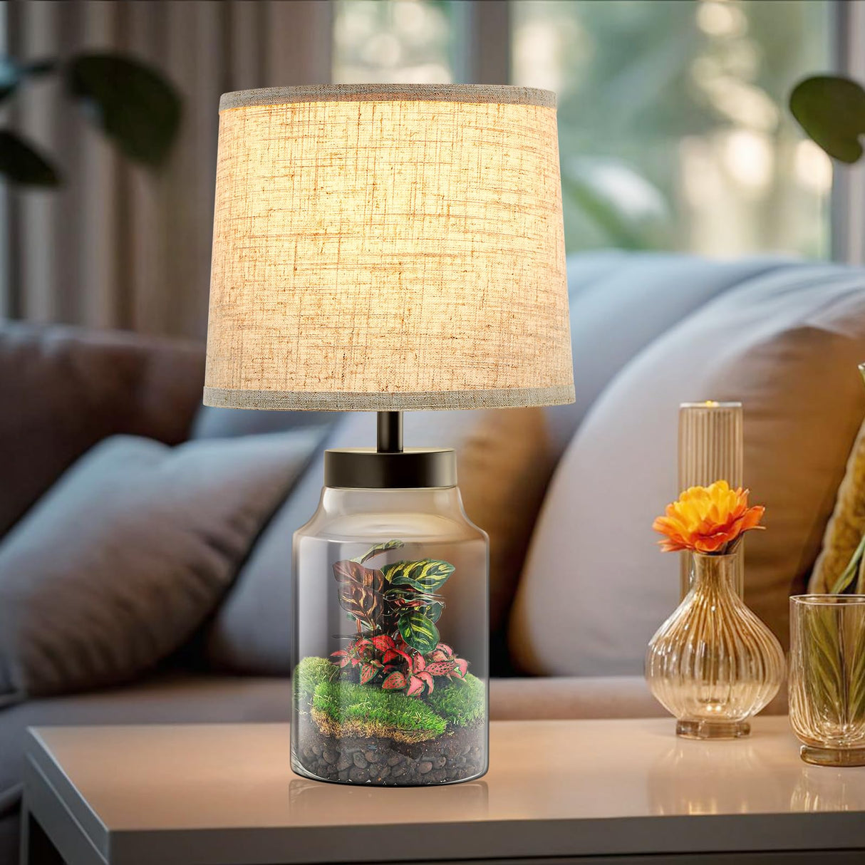 GyroVu Table Lamp Set, Fillable Table Lamp with Clear Glass Nightstand Lamp Set of 2 Beside Lamp for Living Room Bedrooms Office Bulbs Included(Oat Lampshade) GyroVu