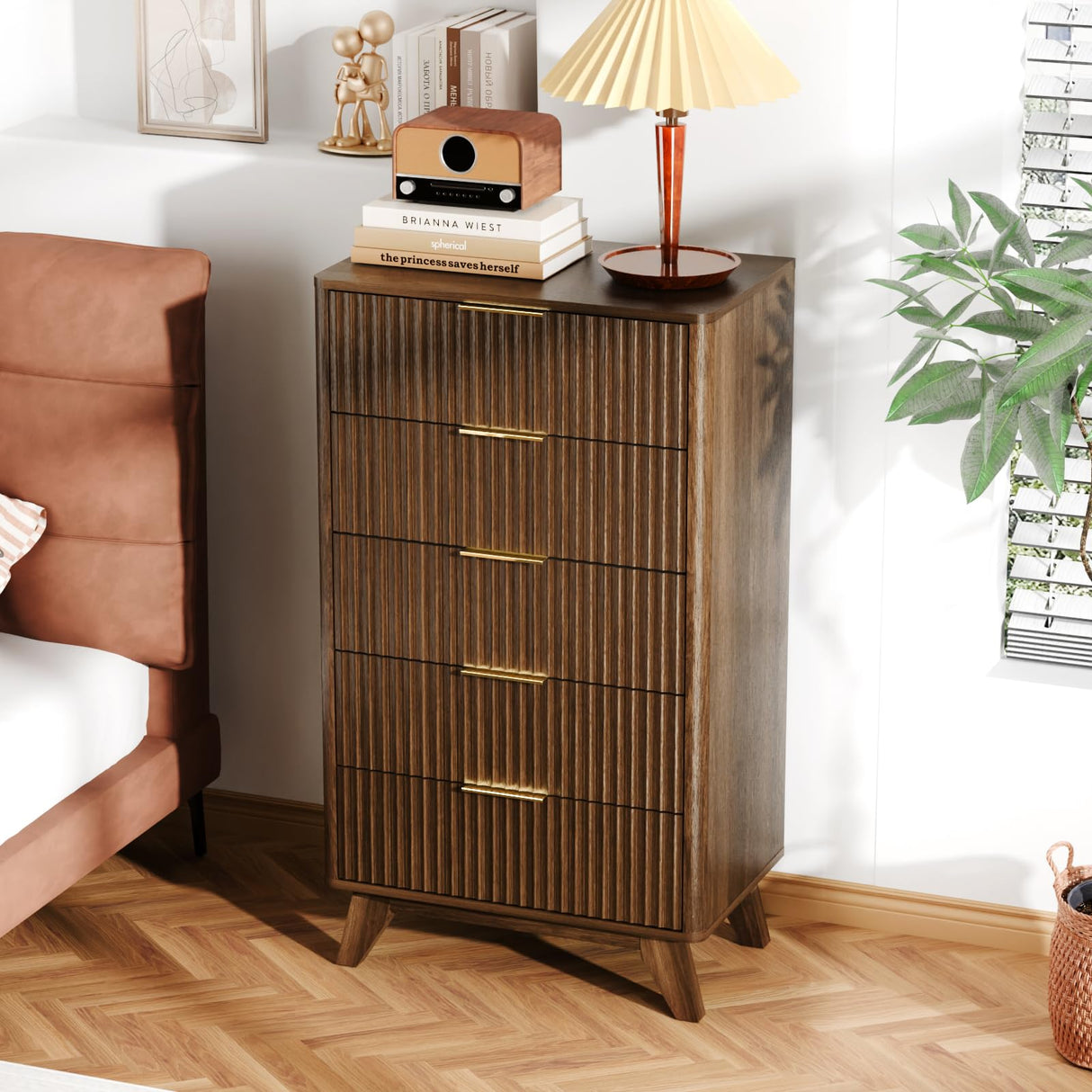 VINGLI Fluted Tall Dresser 5 Drawer, 23.66" W Chest of Drawers, Walnut Wood Dresser for Bedroom Mid Century Modern with Rounded Edge, 23.66" W*15.59" D*44.88" H VINGLI