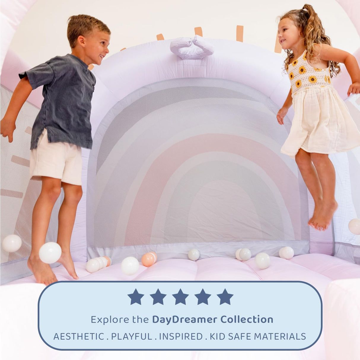 Bounceland Daydreamer Cotton Candy Bounce House, Pastel Bouncer with Slide, 8.9 ft L x 7.2 ft W x 6.7 ft H, UL Blower Included, Basketball Hoop, 30 Pastel Plastic Balls, Trendy Bouncer for Kids Bounceland