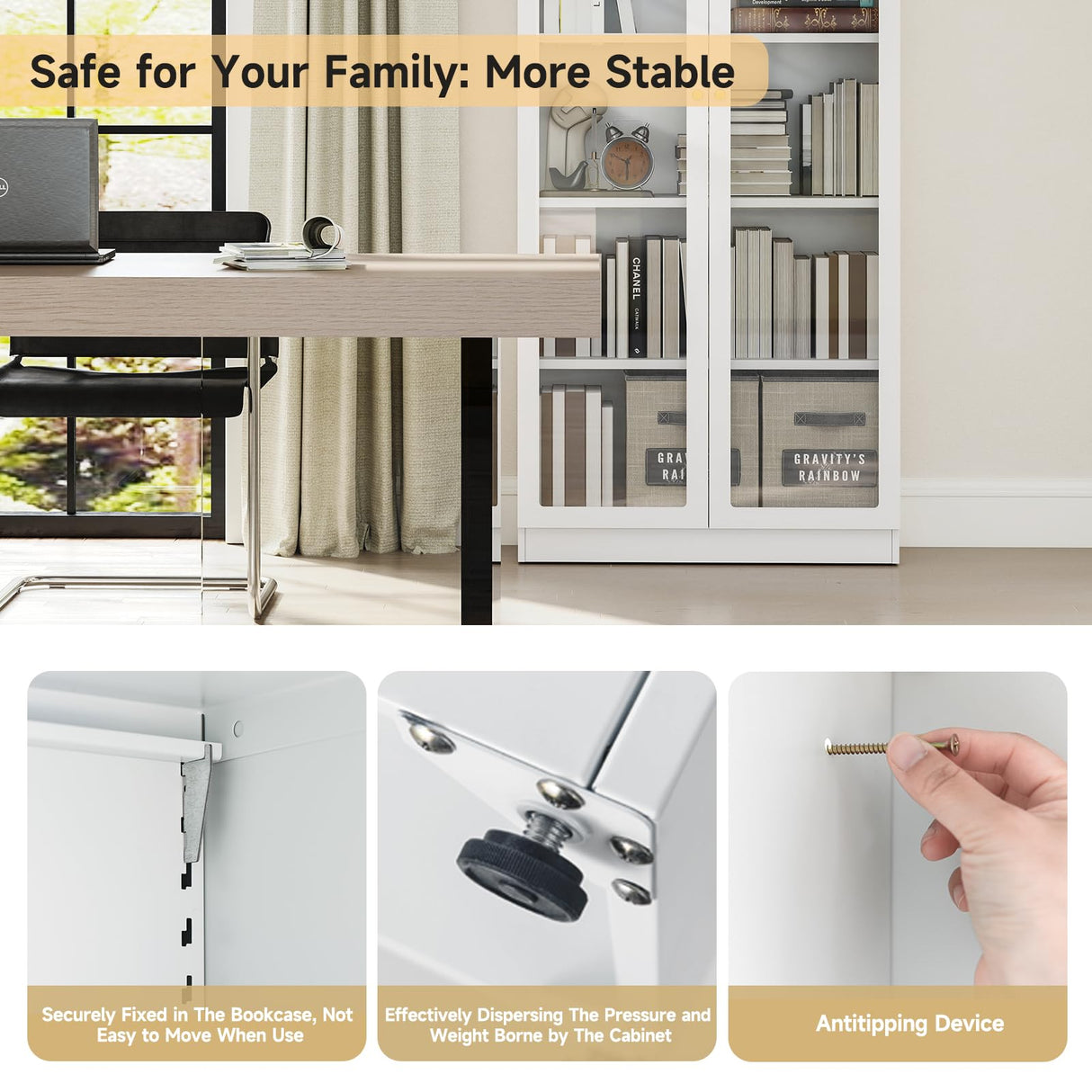 IRONMIX Modern Bookshelf with Doors and Shelves, 70.87" H Metal Bookshelf, Tall Bookcase, 5-Tier Curio Cabinet for Collectibles, White Storage Cabinet Display Case for Home Office, Living Room, School IRONMIX