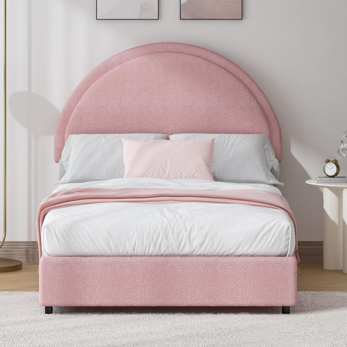 REVOMINCA Twin Size Bed Frame, Pink Twin Bed Frame, Boucle Upholstered Platform Bed Frame with Headboard, Soft Arch Shaped Round Headboard, No Box Spring Required, Easy Assembly, Pink REVOMINCA
