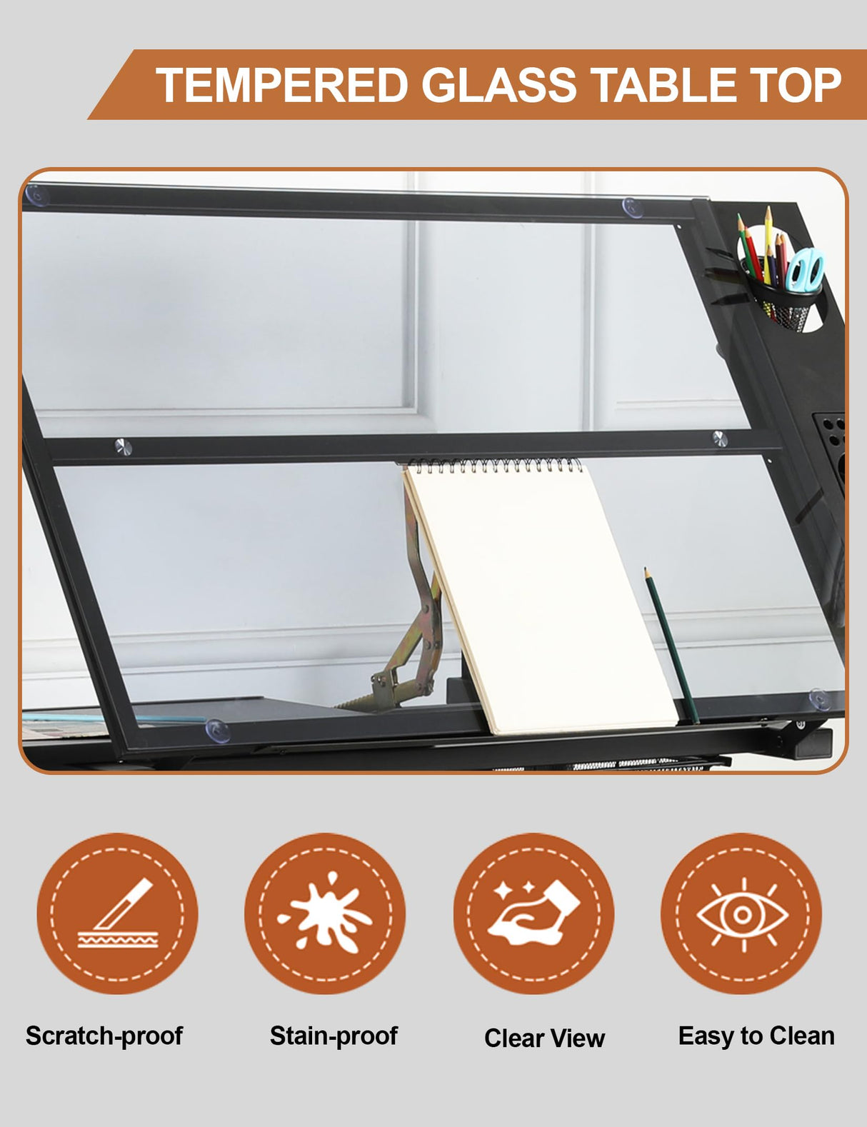 Msaleen Upgraded Glass Drafting Table Desk – Adjustable Height Adjustable Drawing Desk Craft Work for Artists and Designers (Black, 29.52''- 41.33'' H) Msaleen