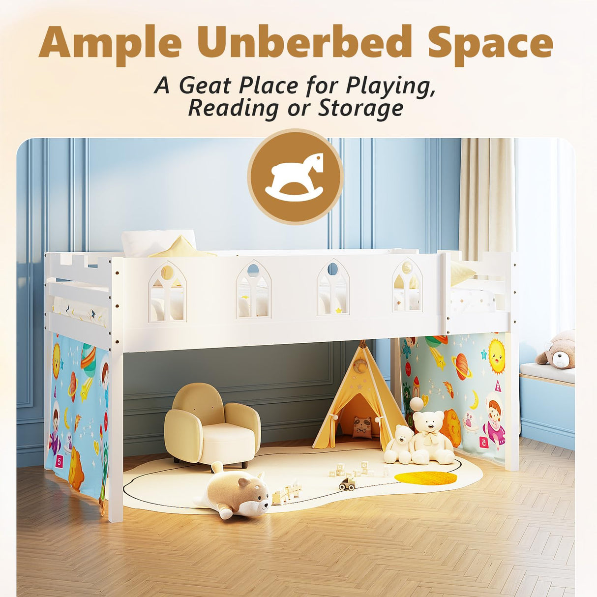 JOYMOR Low Loft Bed with LED Lights, Twin Loft Bed with Stairs, Safety Guardrail, Curtain, Wooden Bed Frame for Kids with Storage Bookcase and Under-Bed Play Space (White) JOYMOR