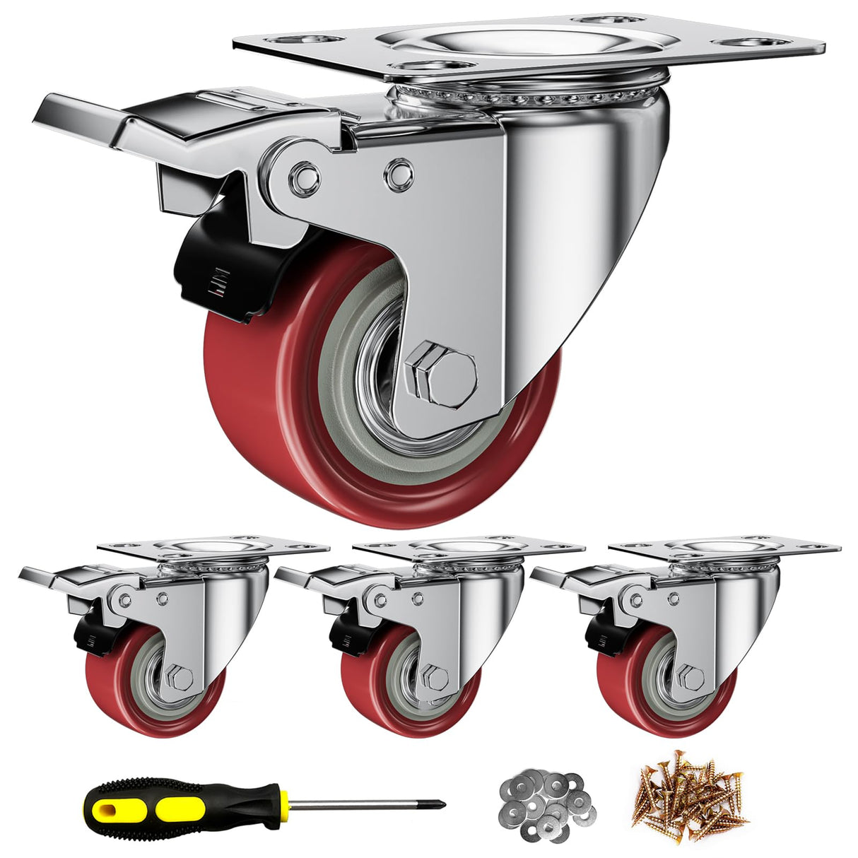2 Inch Caster Wheels, Casters Set of 4, ASHGOOB Red Polyurethane (PU) Casters with Brake Heavy Duty, Industrial Locking Swivel Top Plate Castor Wheels for Workbench/Furniture/Cart ASHGOOB