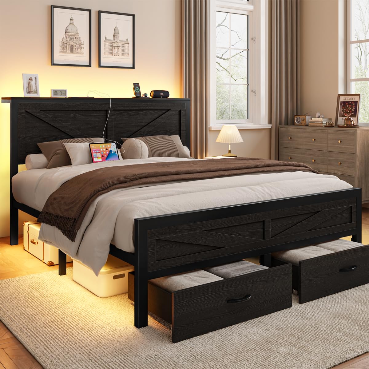 Siihnon Rustic Queen Bed Frame with Storage Drawers and Barn Door Headboard, Farmhouse LED Bed Frame Queen Size with Charging Station, Metal Industrial Platform Bed Frames, No Box Spring Needed, Black Siihnon