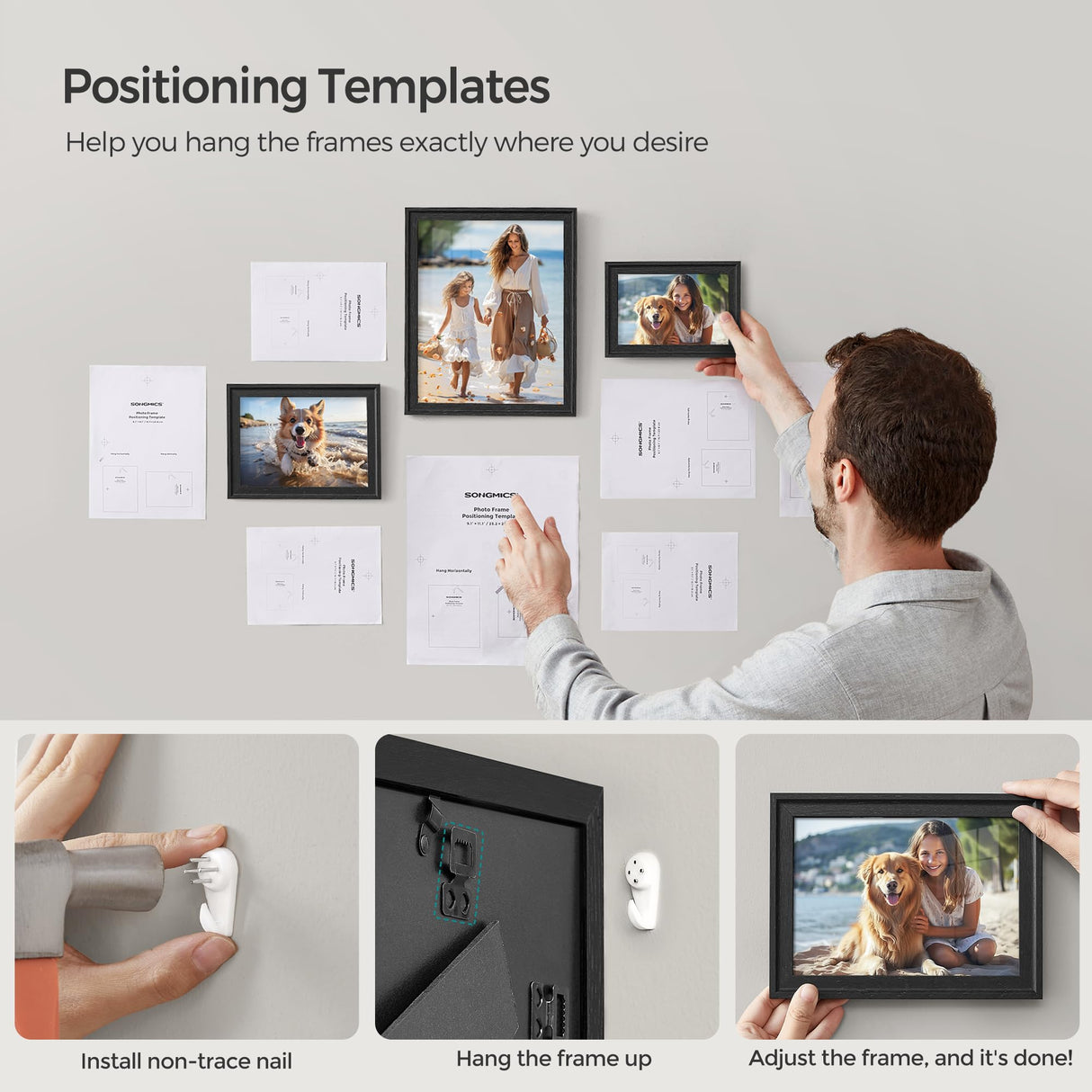 SONGMICS Picture Frames with 16 Mats, Set of 10, Collage Photo Frames with Two 8x10, Four 5x7, Four 4x6 Frames, Hanging or Tabletop Display, MDF and Glass, 12 Non-Trace Nails, Ash Black URPF049B01 SONGMICS