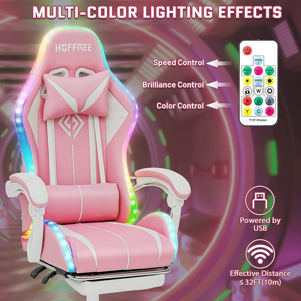 HOFFREE Pink Gaming Chair with Bluetooth Speakers and LED RGB Lights Cute Ergonomic Massage Computer Gaming Chair with Footrest High Back Video Game Chair with Lumbar Support Pink and White HOFFREE