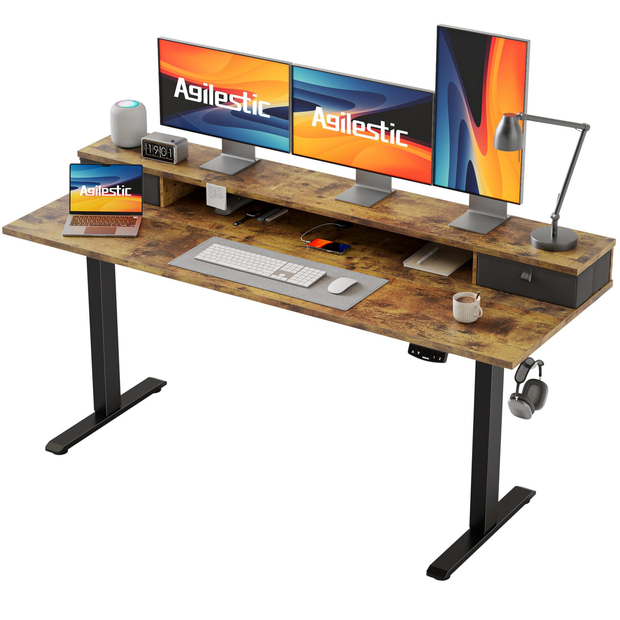 Agilestic 63 x 24 Inches Height Adjustable Electric Standing Desk with 2 Drawers, Stand Up Electric Desk Adjustable Height, Sit Stand Computer Gaming Table with Splice Board, Rustic Brown Agilestic