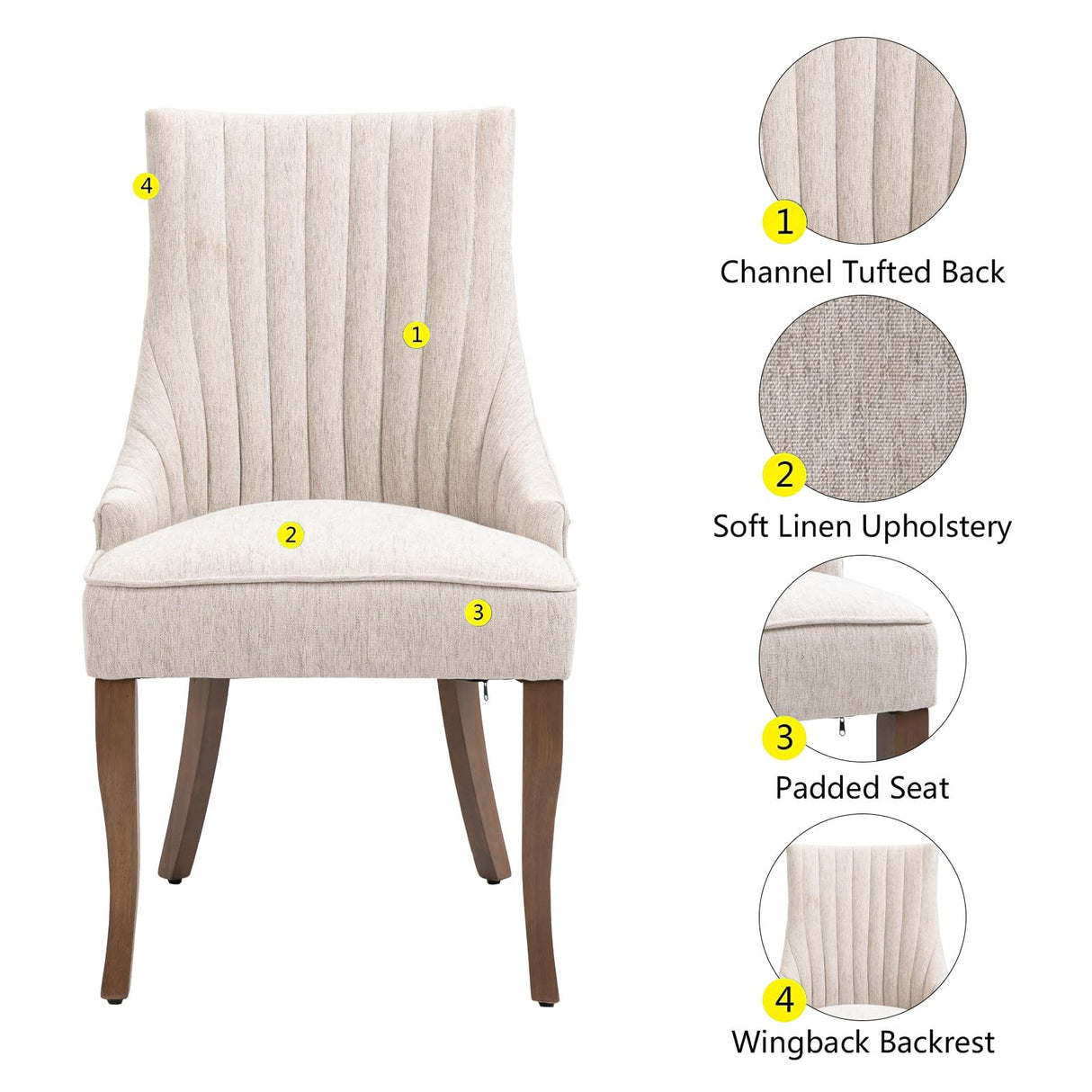 mikibama Linen Dining Chairs Set of 6 Channel Tufted Kitchen Dinner Chair Comfy Fabric Upholstered Accent Chair for Dining Room with Solid Wood Legs (beige 6pc) mikibama