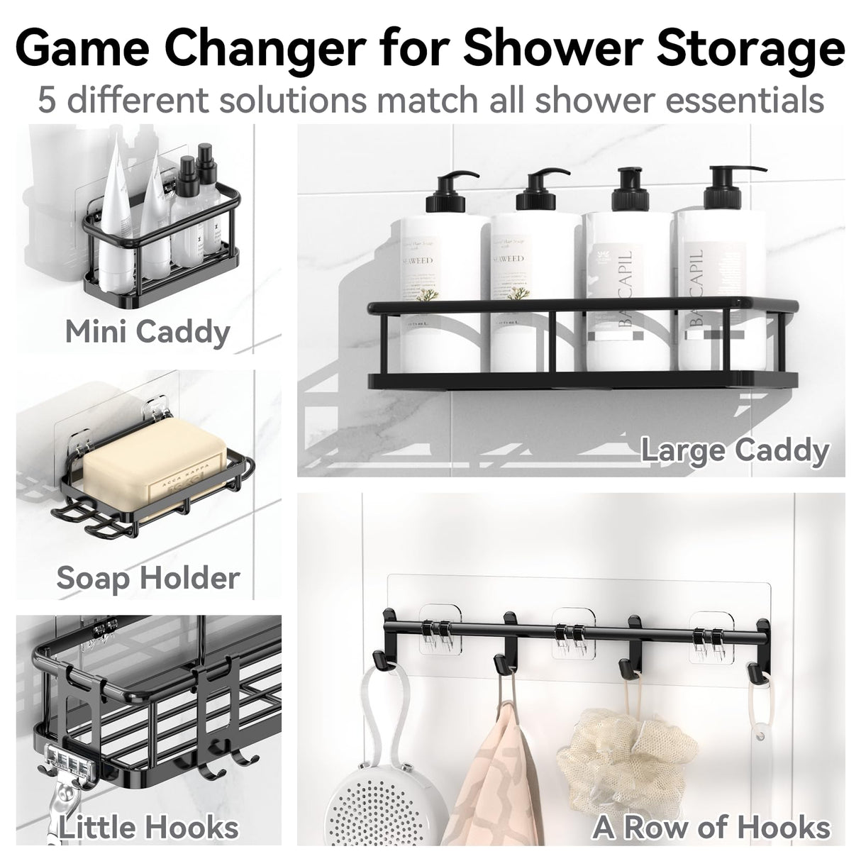 YASONIC Shower Caddy, 6 Pack Large Capacity Shower Organizer with Soap Holder and 12 Hooks, Rustproof Shower Shelves for Inside Shower, No Drilling&Sleek Bathroom Organizers and Storage YASONIC