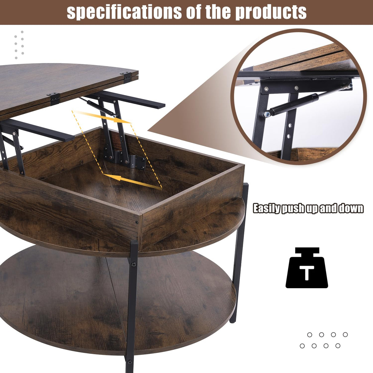 Mmucco 35.43" Round Lift Top Coffee Table with 2-Tier Storage, Circle Storage Coffee Tables with LED Light for Living Room,Round Storage Coffee Table for Home Office Mmucco