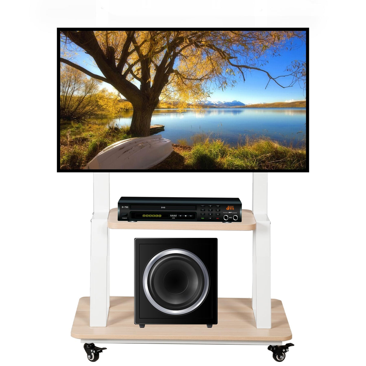 Mobile TV Stand Rolling TV Cart with Wheels for 32-75 Inch Flat/Curved Led/Lcd/Oled Portable Floor TV Stand with Laptop Wood Shelf Height Adjustable Heavy-Duty Holds up to 100lbs White Hellsehen