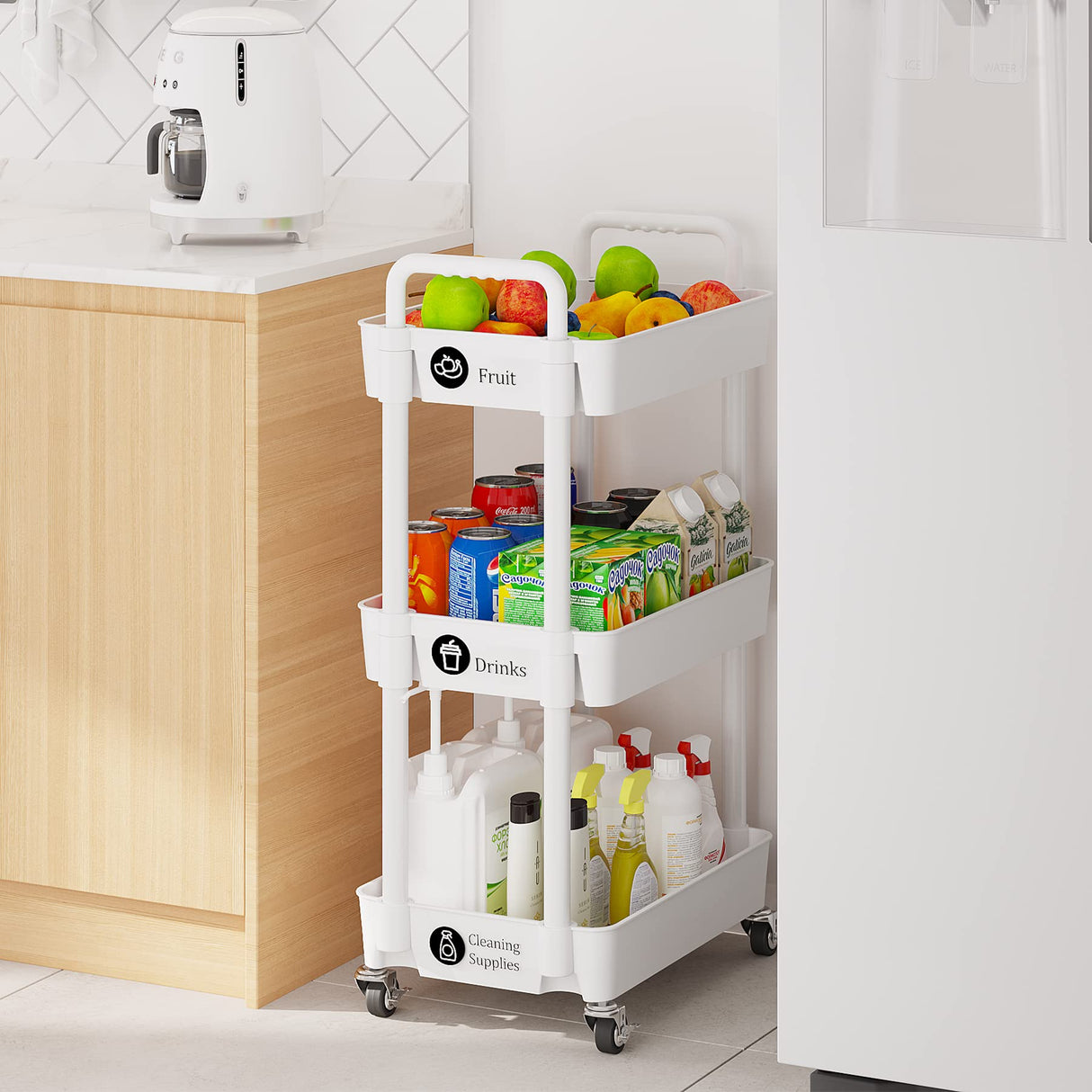 Laiensia 3-Tier Storage Cart,Multifunction Kitchen Storage Organizer,Mobile Shelving Unit Utility Rolling Cart with Lockable Wheels for Bathroom,Laundry,Living Room,With Classified Stickers,White Laiensia