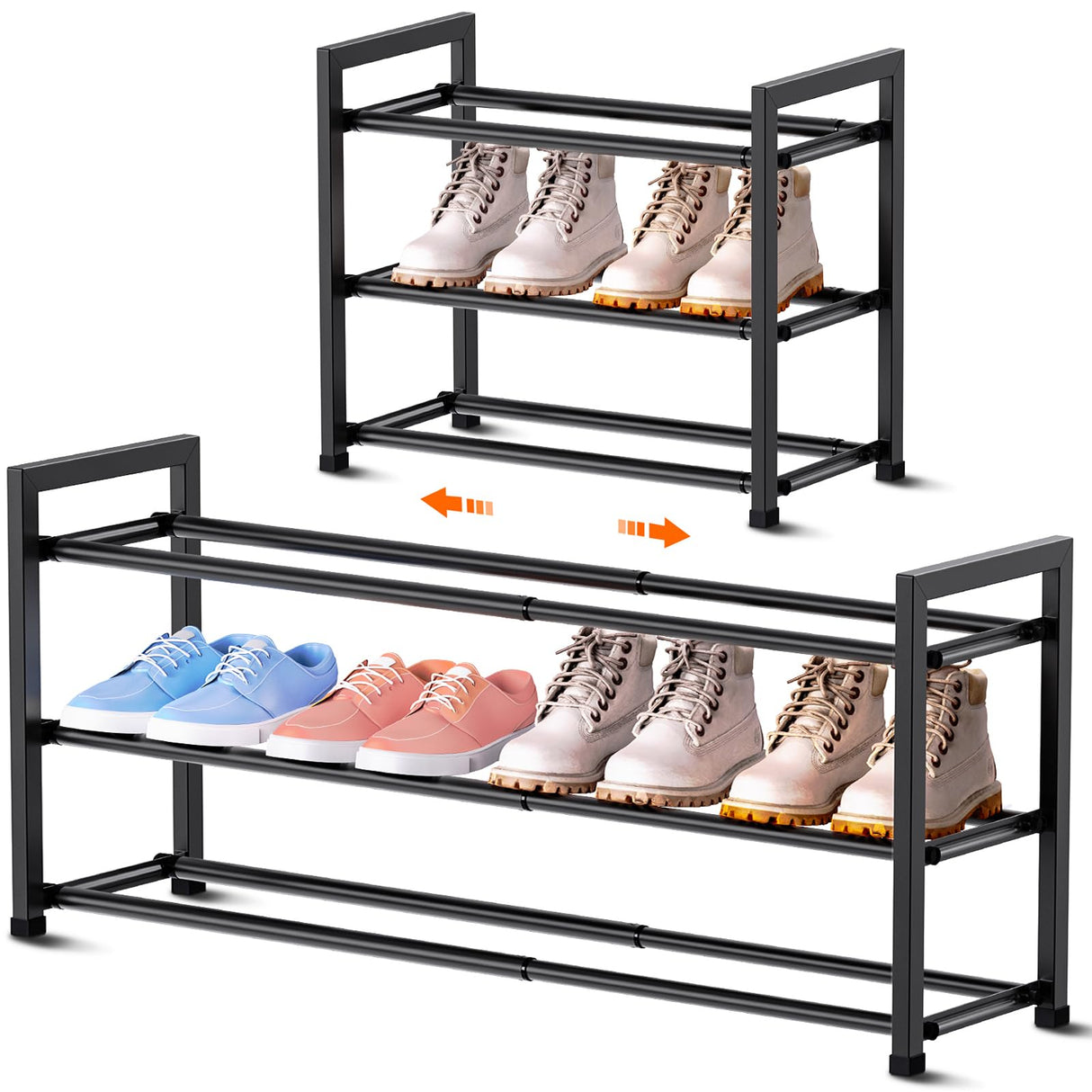 Bumusty 3-Tier Expandable Shoe Rack for Closet, 18“-33” Adjustable Shoe Rack for Small Space, Small Shoe Organizer for Front Door, Sturdy Metal, Black Bumusty