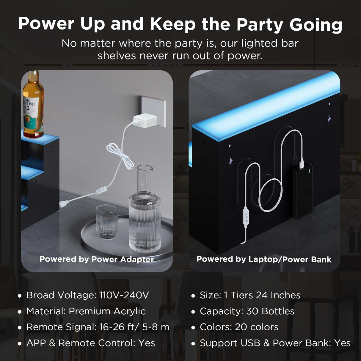 Dethan 1 Tier 24 Inch LED Lighted Liquor Bottle Display Shelf - Wine Racks with Multi-Color App & Wireless Remote Control, Adjustable Brightness & Sound Modes, Acrylic Bar Shelves for Home Bar Display Dethan