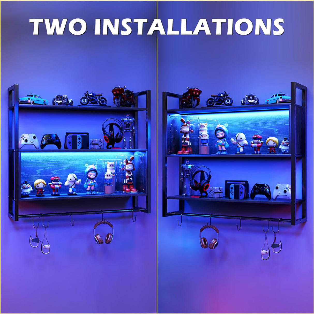 TC-HOMENY Gaming Floating Shelves LED, 36''Shelf Wall Mounted Shelve with Adjustable Shelf, Gaming Shelve for Wall, Pipe Shelves Hanging Display Rack Bookshelf with S-Hook, Wine Coffee Bar Black TC-HOMENY