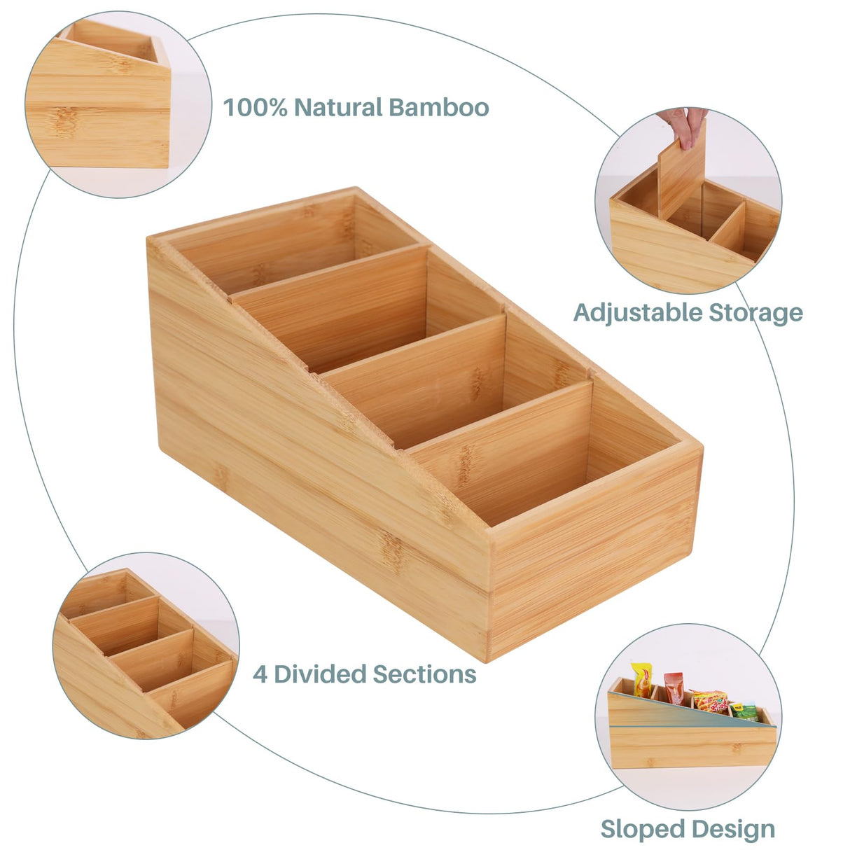 HTB 4-Section Snack Organizer with Removable Dividers for Kitchen, Cabinet, Office, Countertop, 2 Pack Bamboo Pantry Storage Organization for Spice Packets, Seasoning Pouches, Coffee Pods HTB
