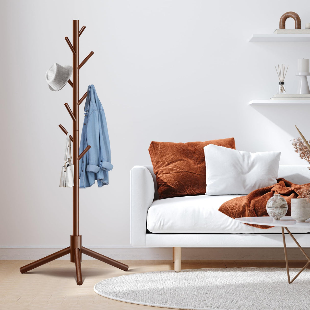 Unisakey Durable Wooden Coat Rack, Freestanding Coat Rack with Stable Triangular Base, 8 Hooks & 3 Adjustable Heights, Simple Assembly for Bedroom, Hallway, Office(New Brown) Unisakey