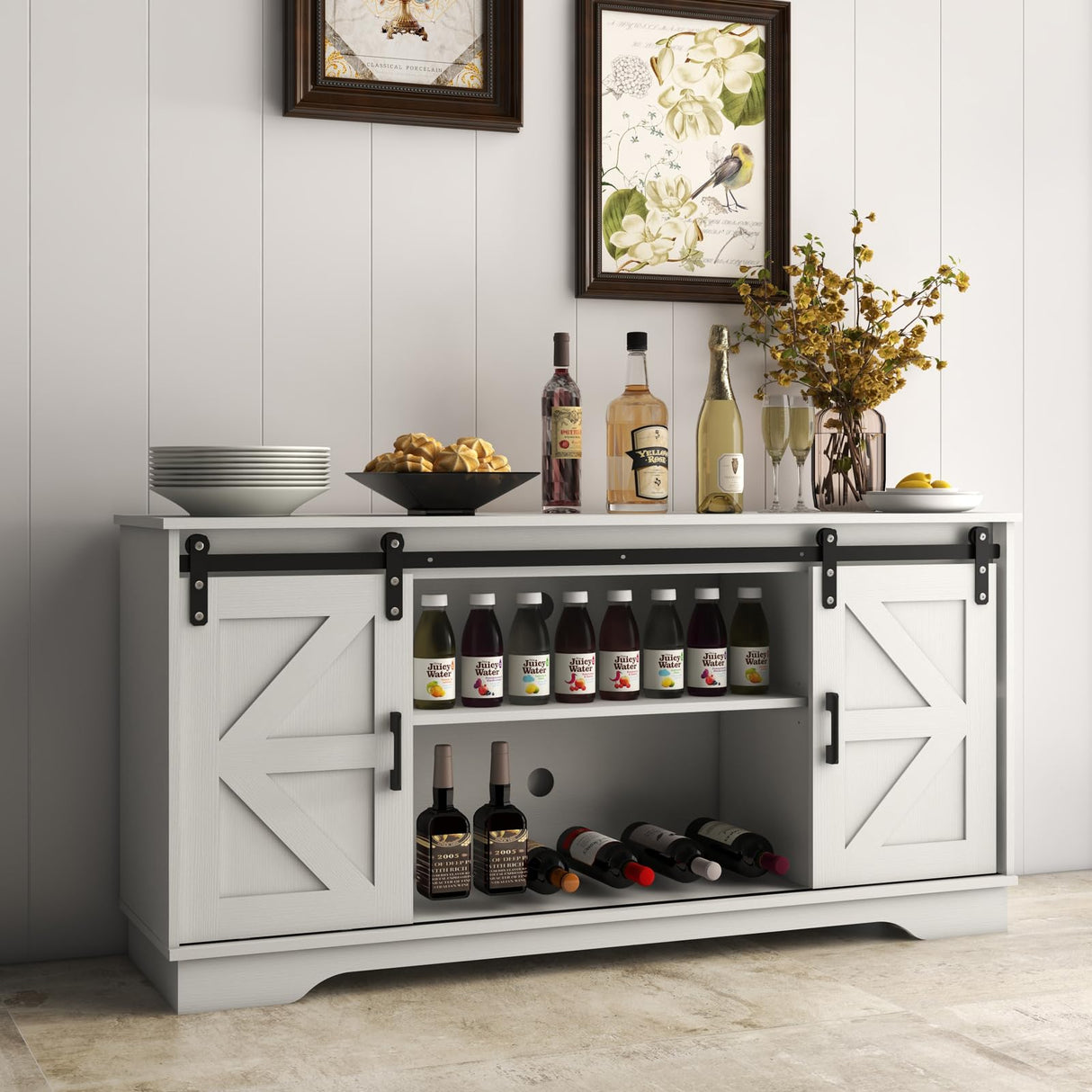 Panana Bar Cabinet with Barn 2 Sliding Doors Buffet Farmhouse Storage Cabinet TV Stand (White Cabinet) Panana