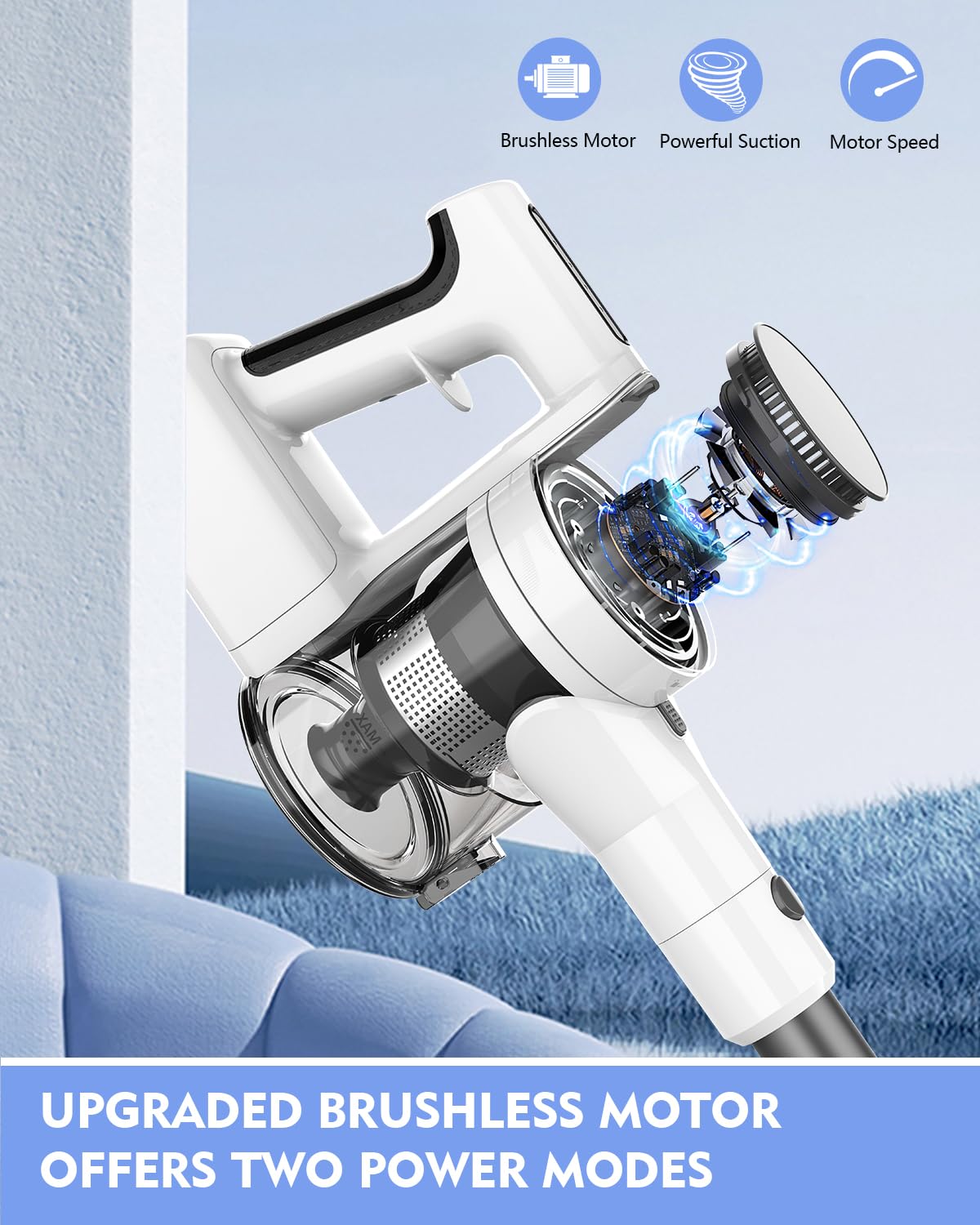 Ljuren Vacuum Cleaners for Home, 80,000PRM Powerful Motor Cordless Vacuum with Removable 2200mAH Battery up to 35 Mins Worktime, 2 Adjustable Modes and Detachable Parts Stick Vacuum (White Zinc Gray) Ljuren