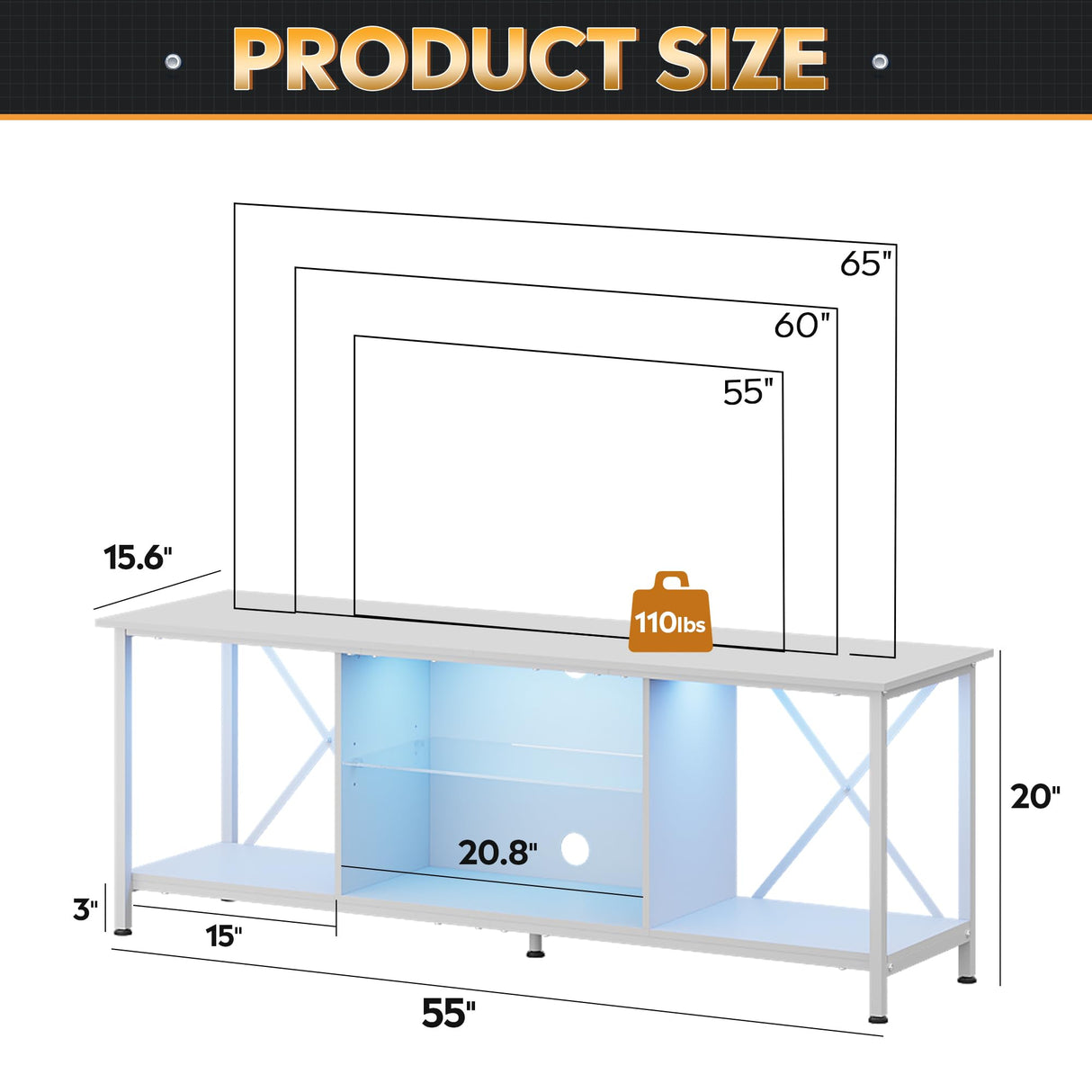 WLIVE TV Stand up to 65 Inch TV, 55" Entertainment Center with LED, Industrial TV Console with Glass Shelf for Living Room and Bedroom, White WLIVE