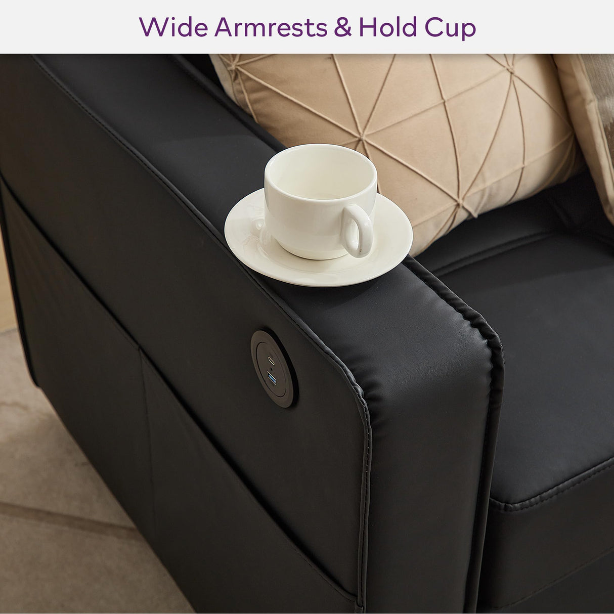 TYBOATLE 88" W Black Faux Leather Sofa Couches for Living Room, Mid-Century Modern Tufted Comfy Small Loveseat w/USB and Wide Arms, 3 Seater Office Cloud Couch for Small Space Apartment Bedroom TYBOATLE