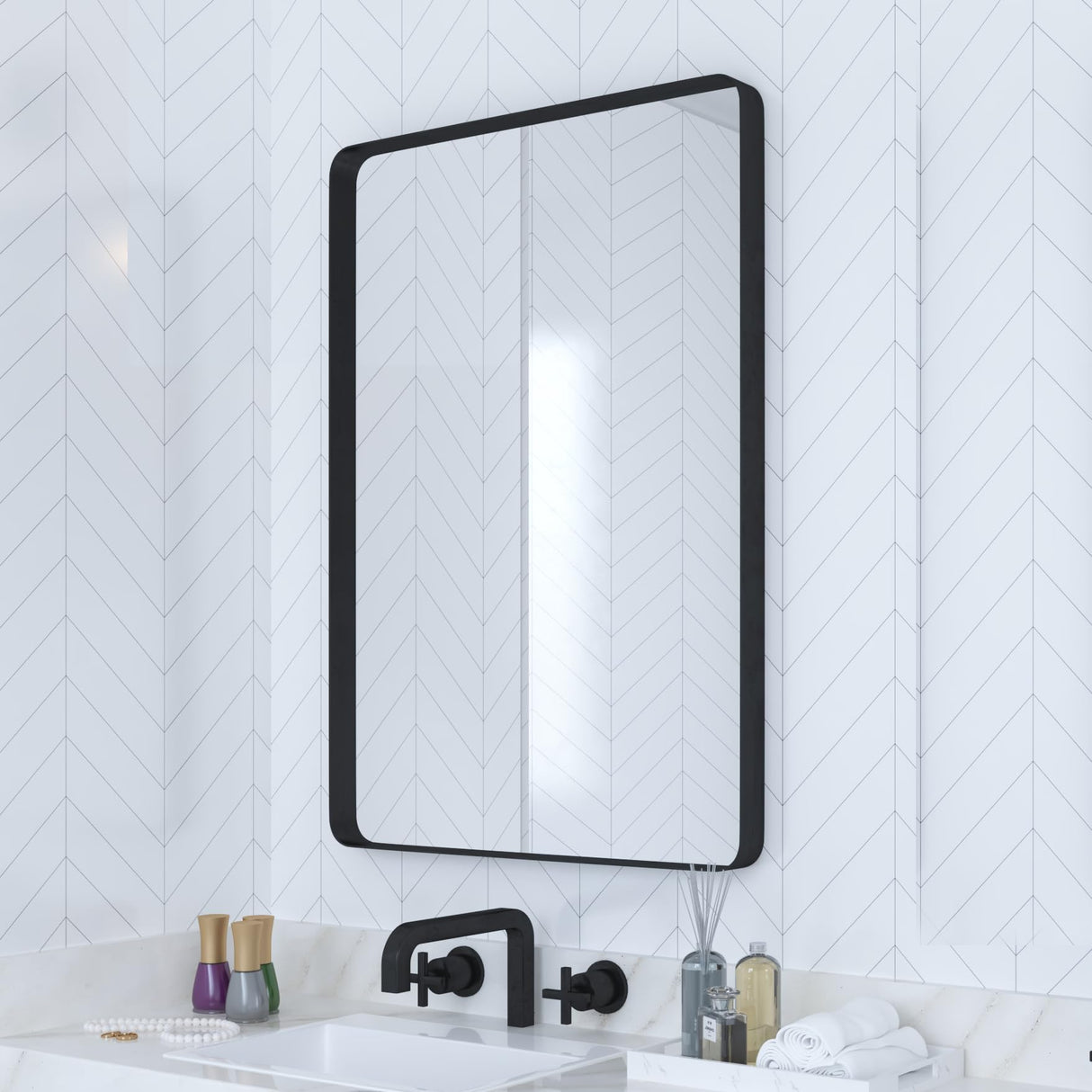 VocalStar Black Bathroom Mirror for Wall, 18 x 26 Inch Rounded Rectangle Metal Framed Bathroom Wall Vanity Mirror Farmhouse, 1/4-inch Shatterproof Glass | Ultra-Flush Hanging VocalStar