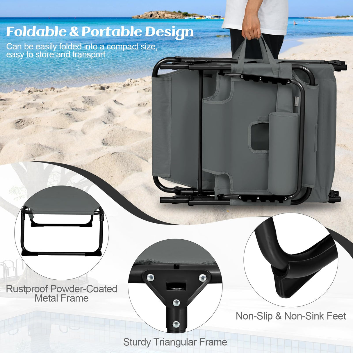 COSTWAY Folding Beach Lounge Chair, Tanning Chair with Face Hole, 5-Position Adjustable Backrest, Pillow & Side Pocket, Foldable Chaise Lounge Chair Outdoor for Sunbathing, Camping (1, Grey) COSTWAY