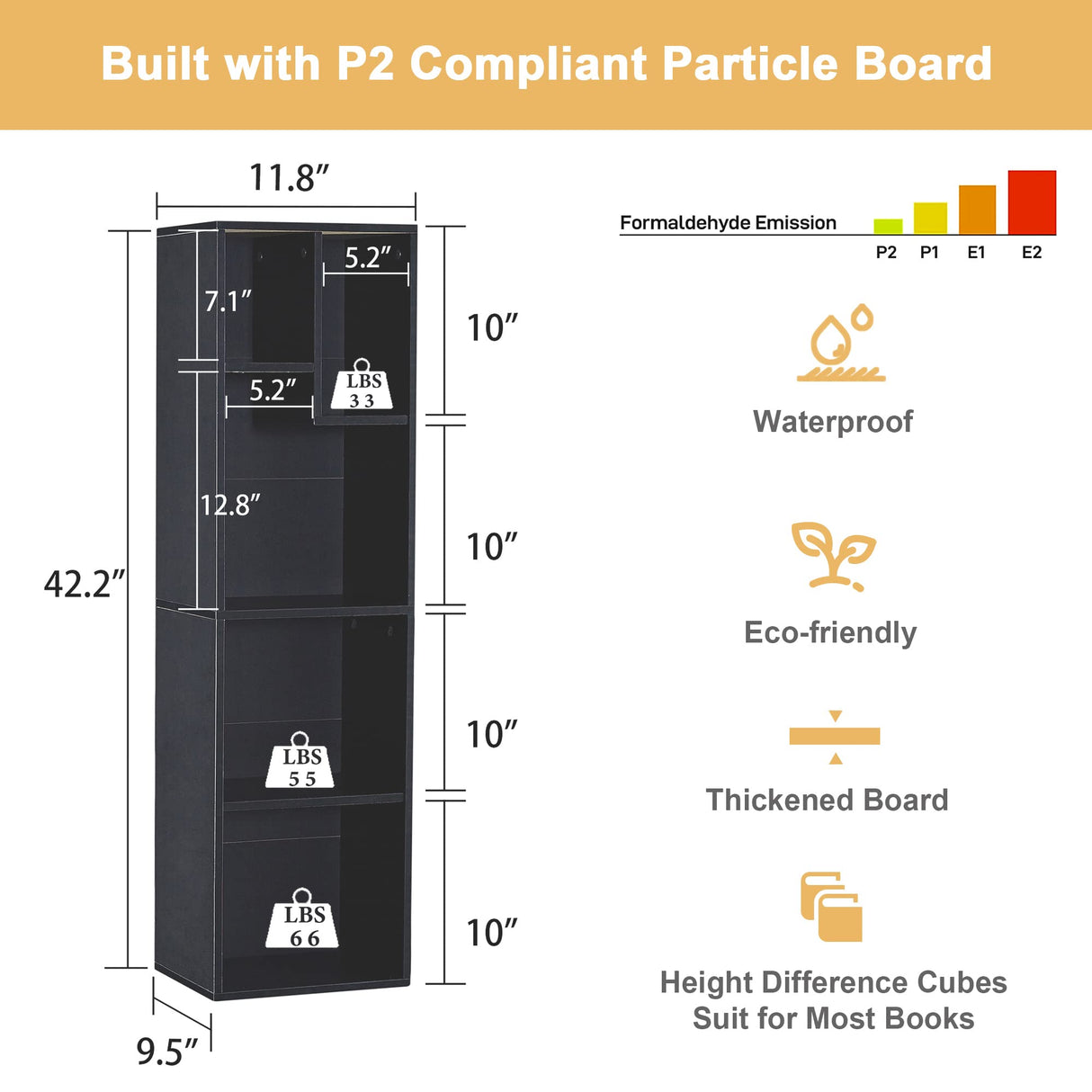VECELO 4-Tier Slim Bookcase, Modern Storage Cabinet, Slim Bookshelf, Fits Tallest Hardcover, 5 Cubes, Vertical or Horizontal, Easy Assembly, Black VECELO