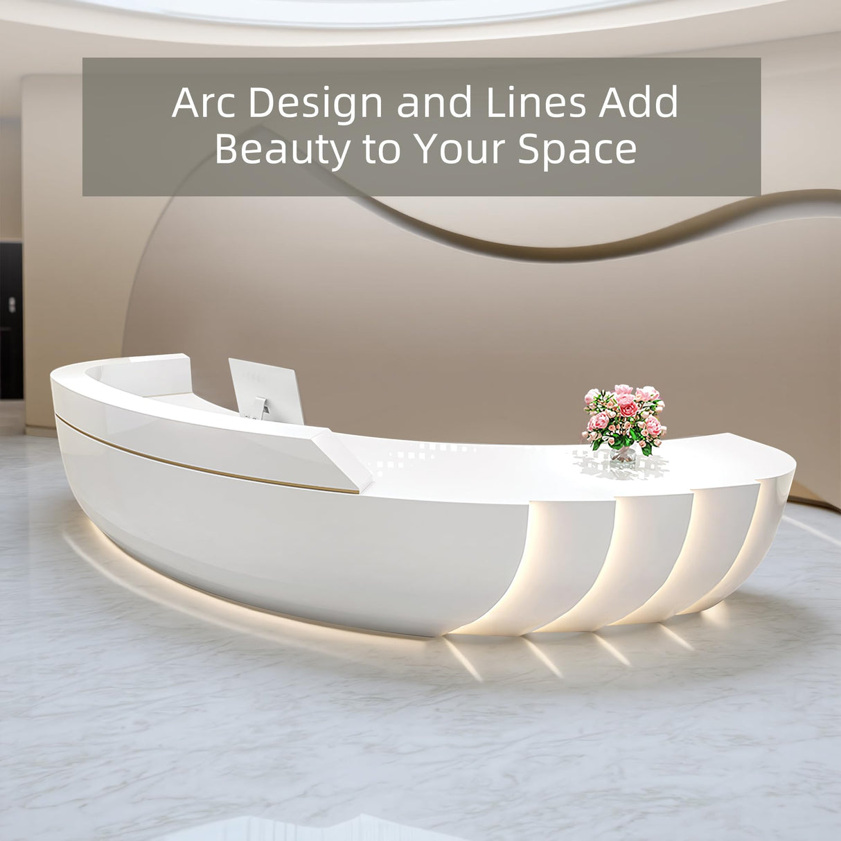 odrma Receptionist Desk, Circumferential Arc Design Reception Desk with Counter Ships in One Piece, No Assembly Required, for Salon Reception Room Office Checkout Counter Customized Logo odrma