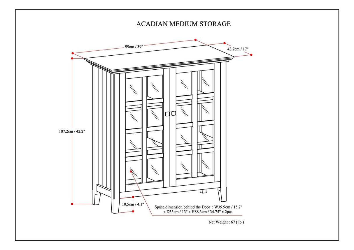 SIMPLIHOME Acadian SOLID WOOD 39 inch Wide Transitional Medium Storage Cabinet in White, with 2 Tempered Glass Doors, 4 Adjustable Shelves SIMPLIHOME